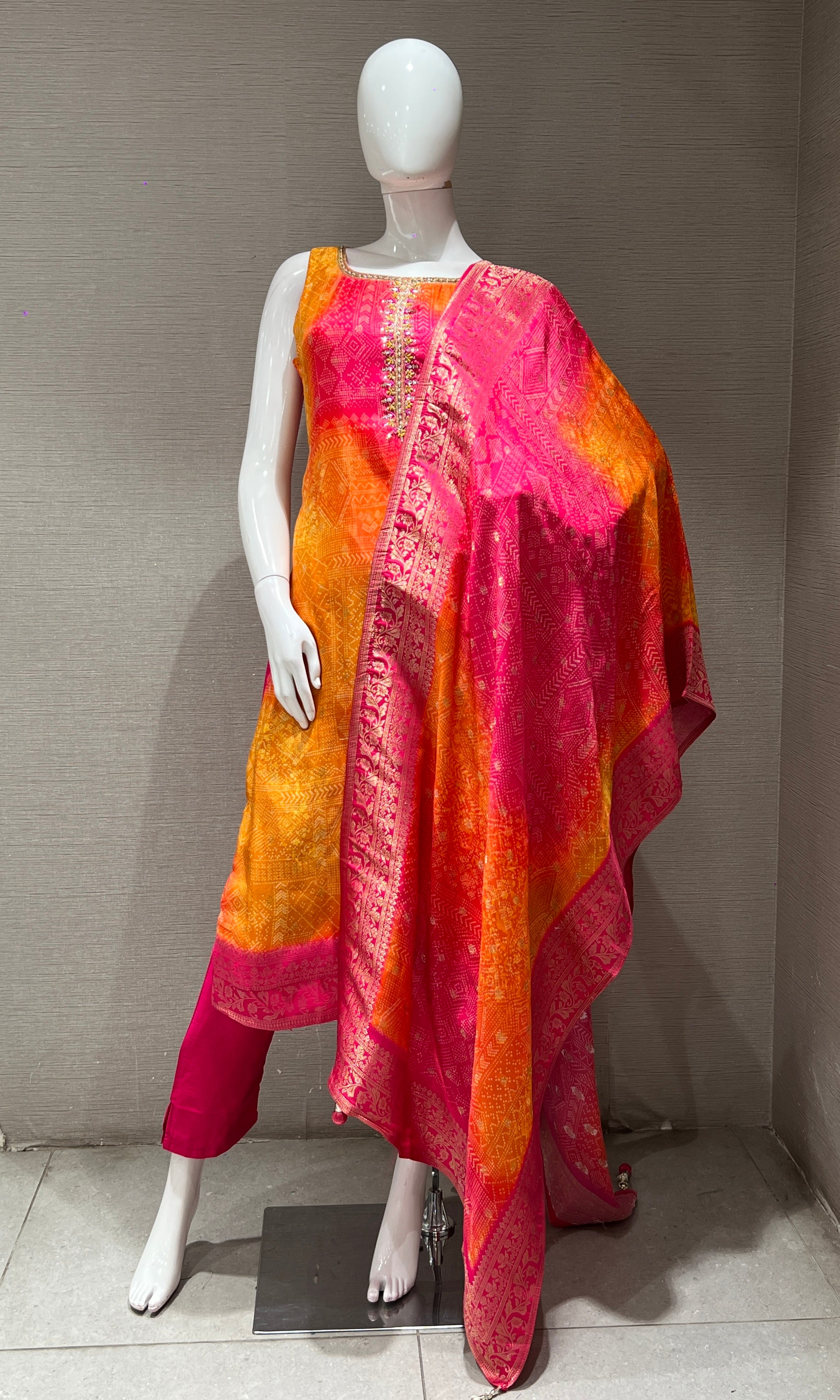 Pink AND ORANGE EMBROIDERED kurta set