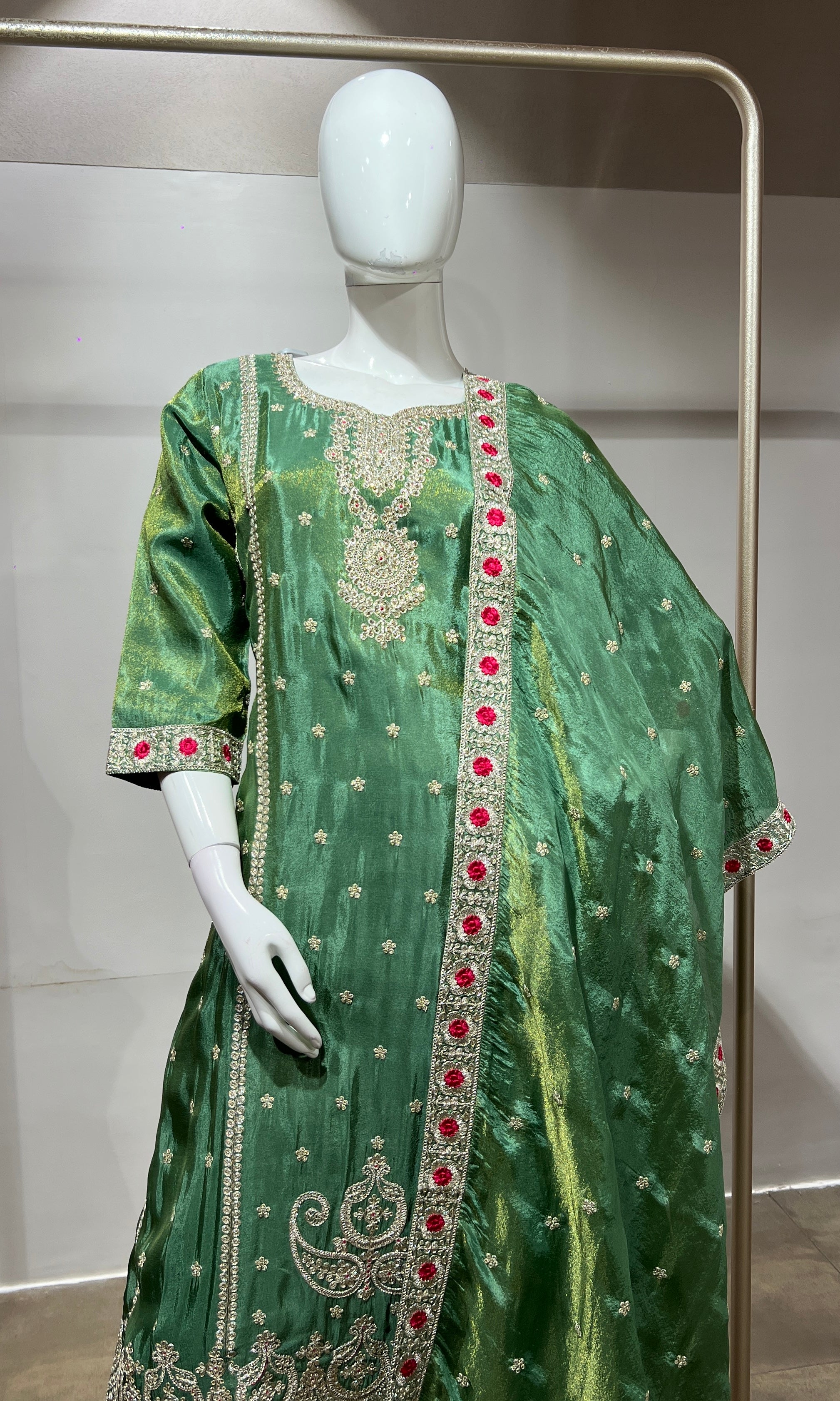 Green Silk Embroidered Kurta Suit with Dupatta