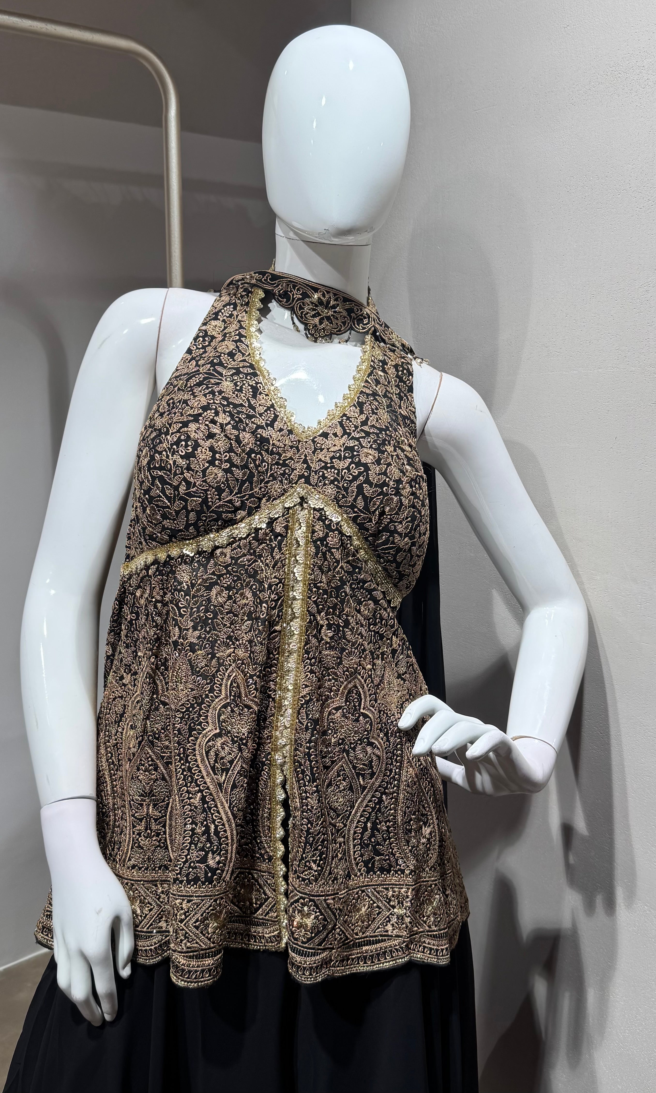 black and gold embroidered halter palazzo set