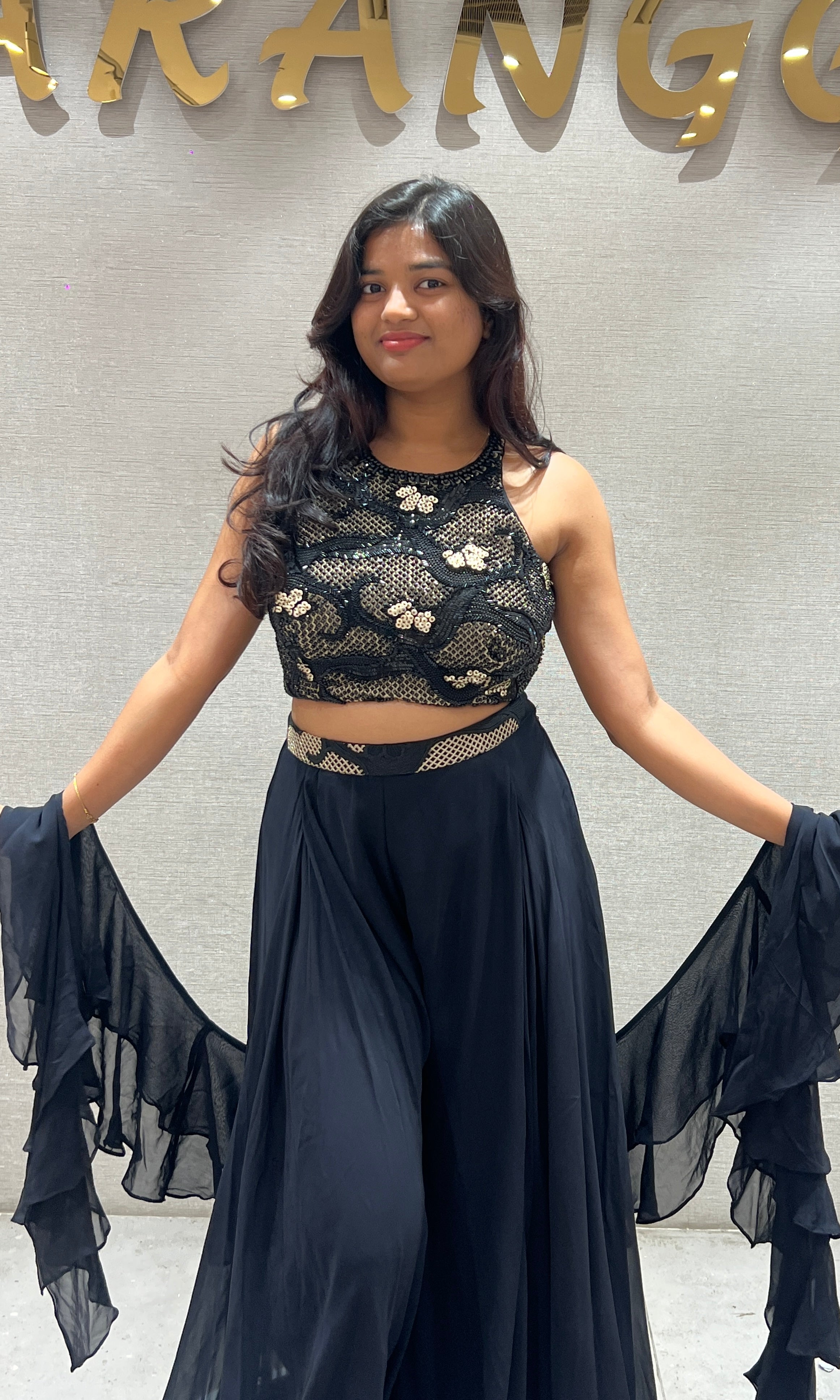 Black Embellished Halter Neck Top and Skirt