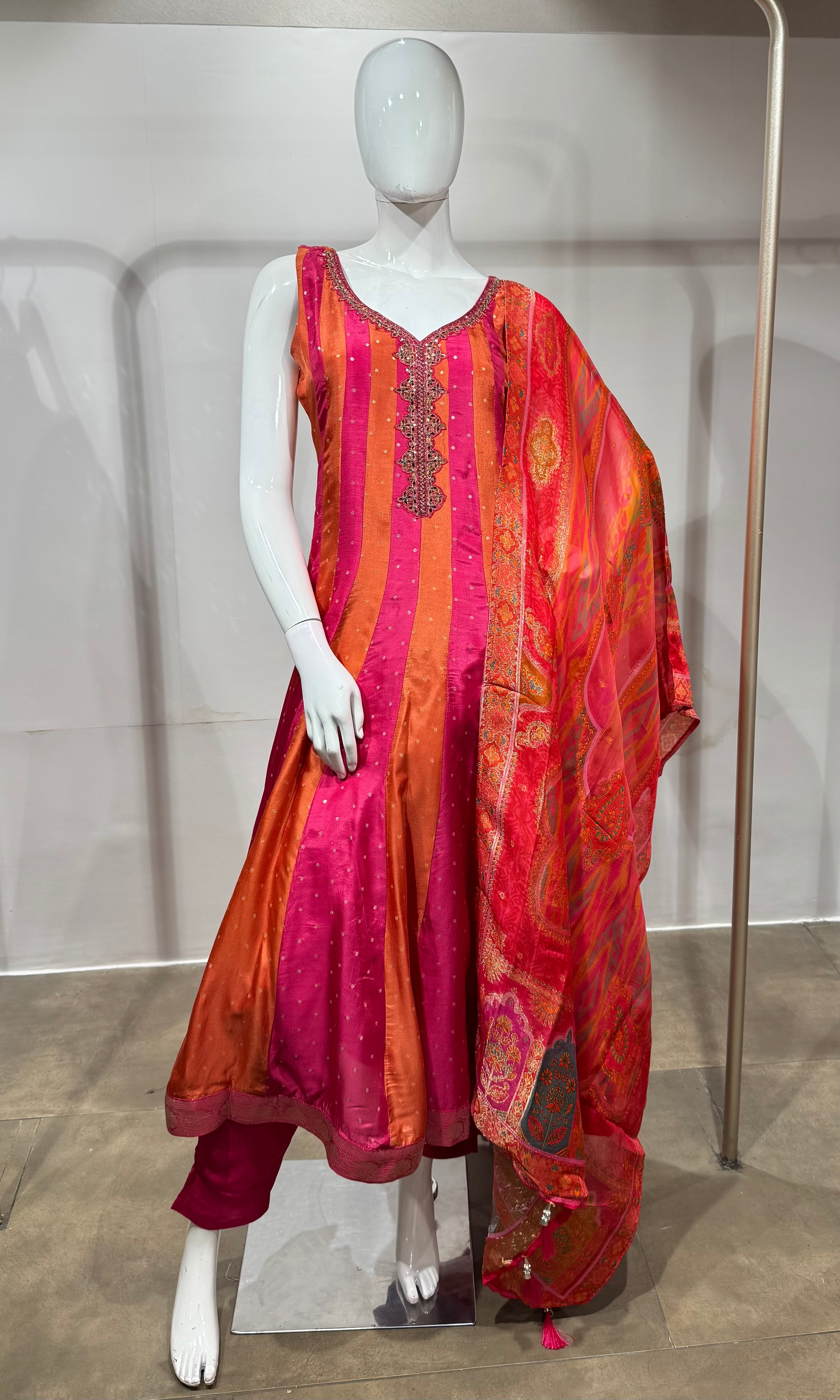 Rani Pink & Sunset Orange Striped Anarkali Set