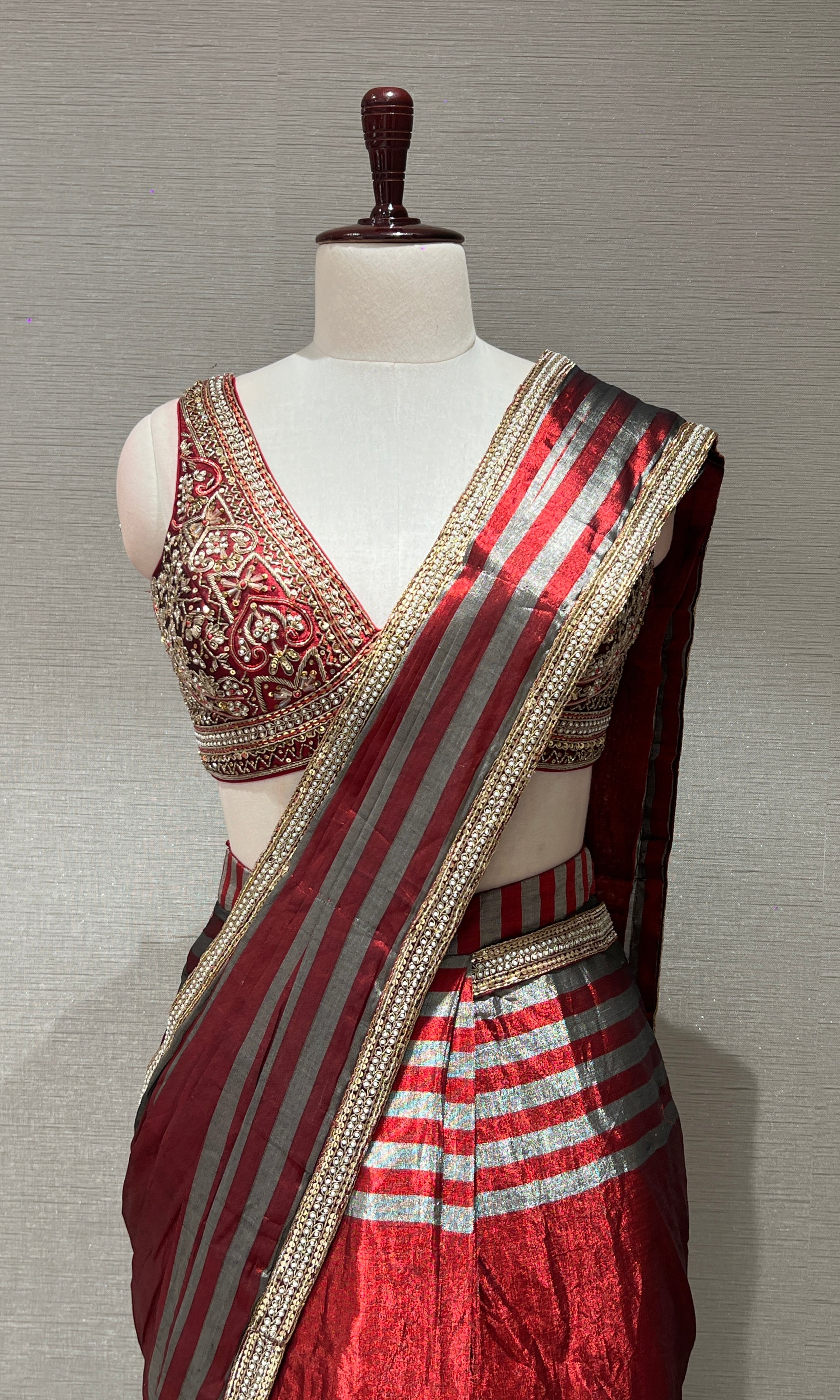 Red DRAPE SAREE WITH EMBELLISHED BLOUSE