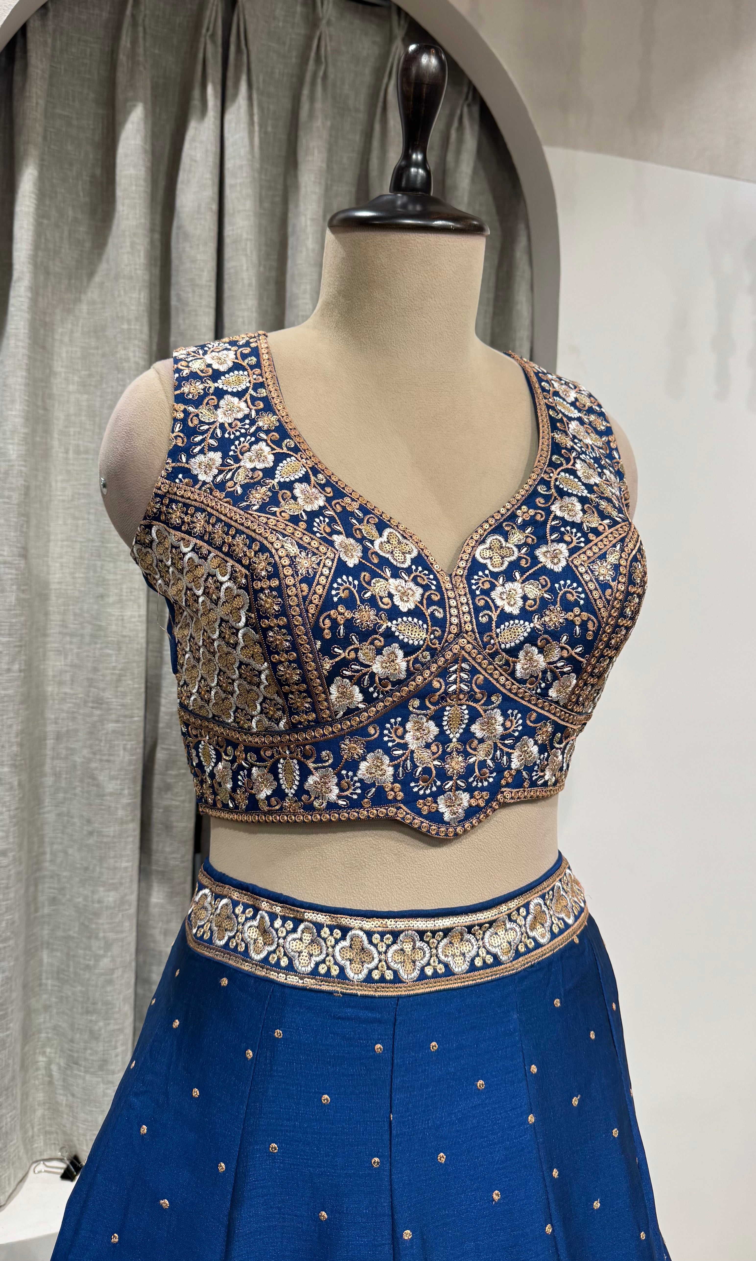 blue intricate silver & gold embroidery Lehenga