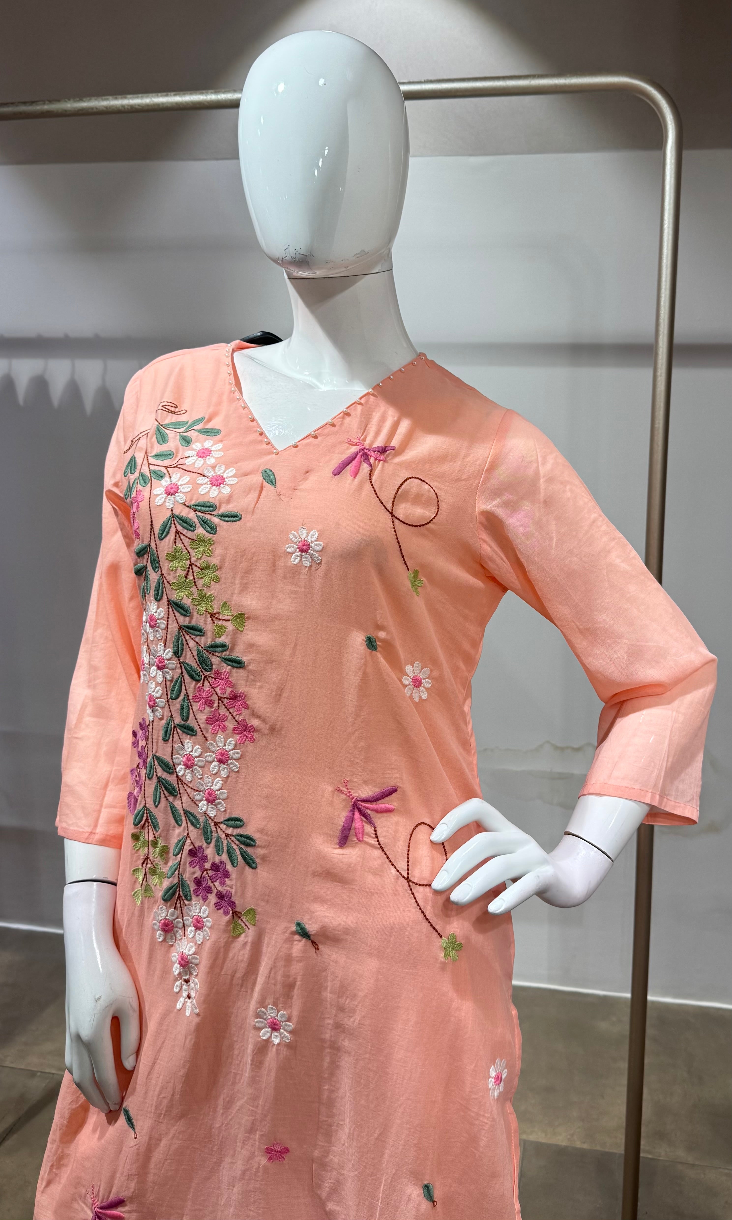Peach Pastel Floral Embroidered Kurta Set with Dupatta