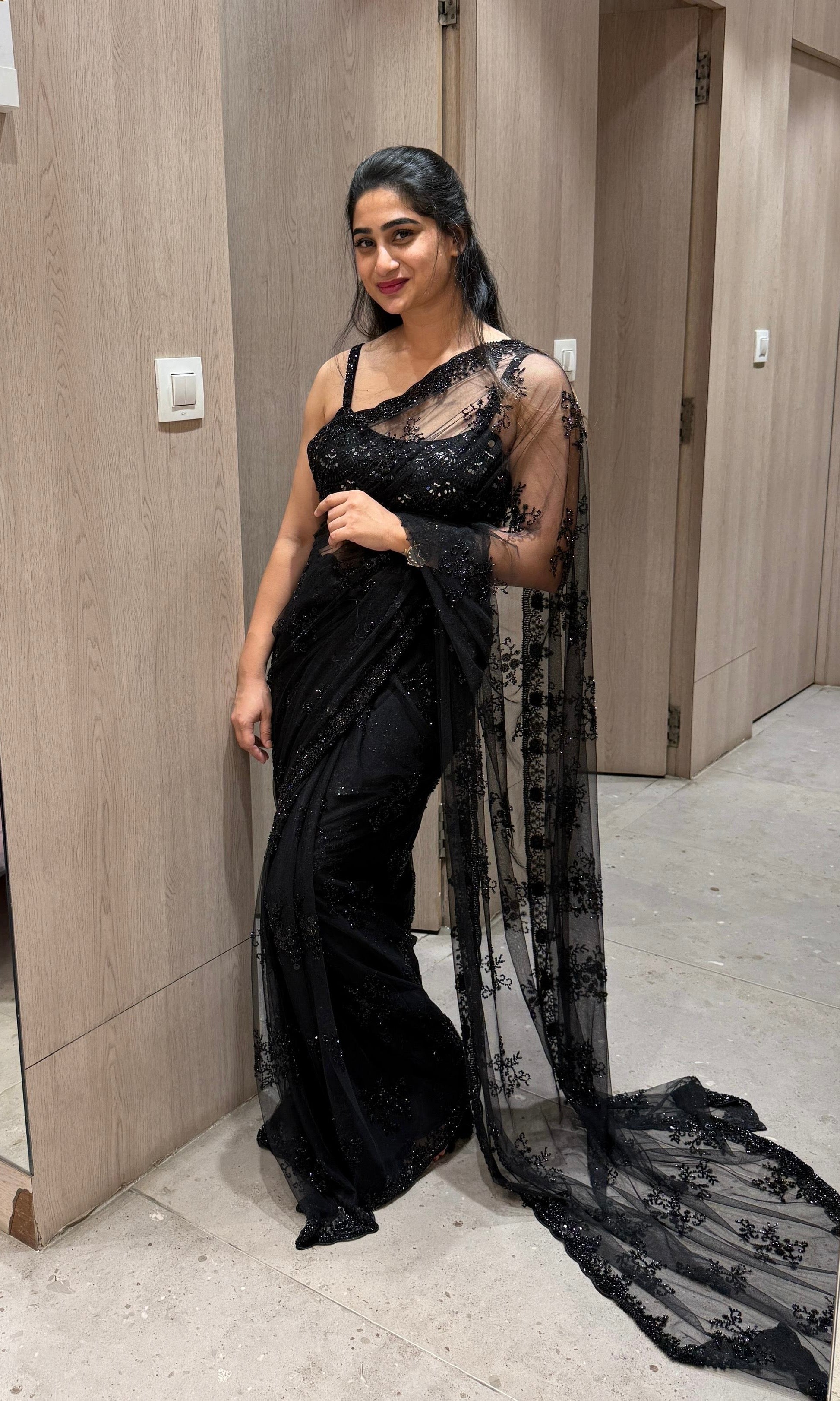 BLACK Embellished Saree WITH READY BLOUSE