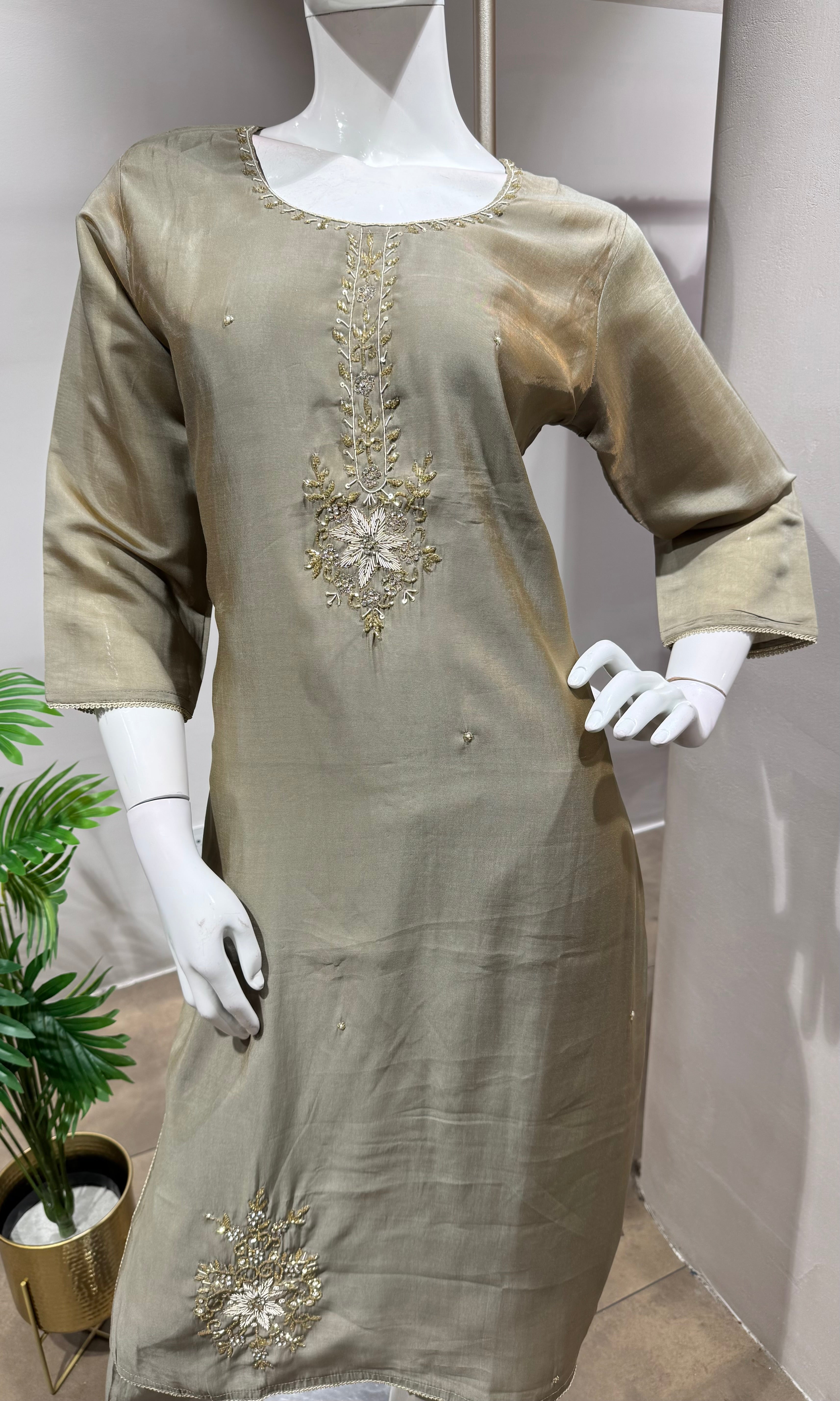BROWN gold embroidered kurta set