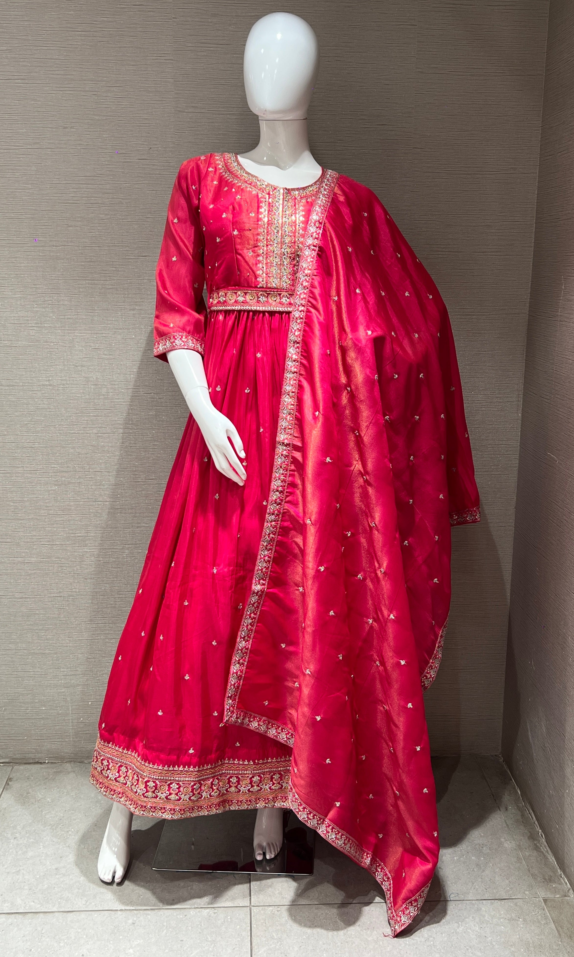 pink long anarkali with stones embroidered