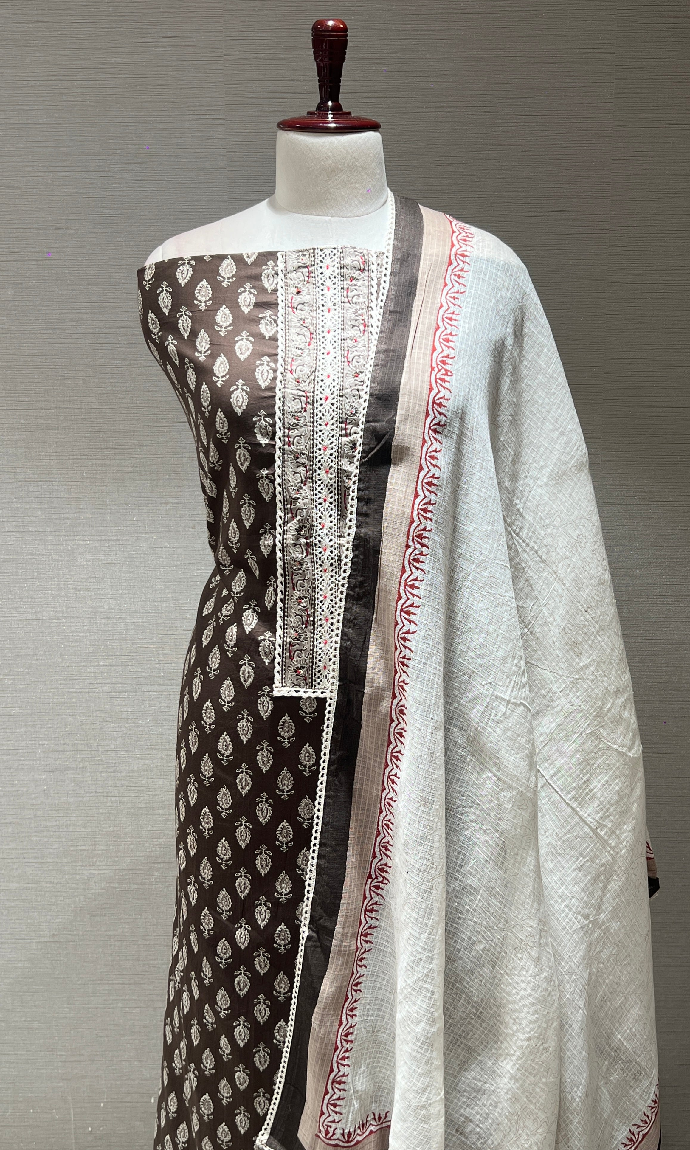 Elegant Brown and White print dress material