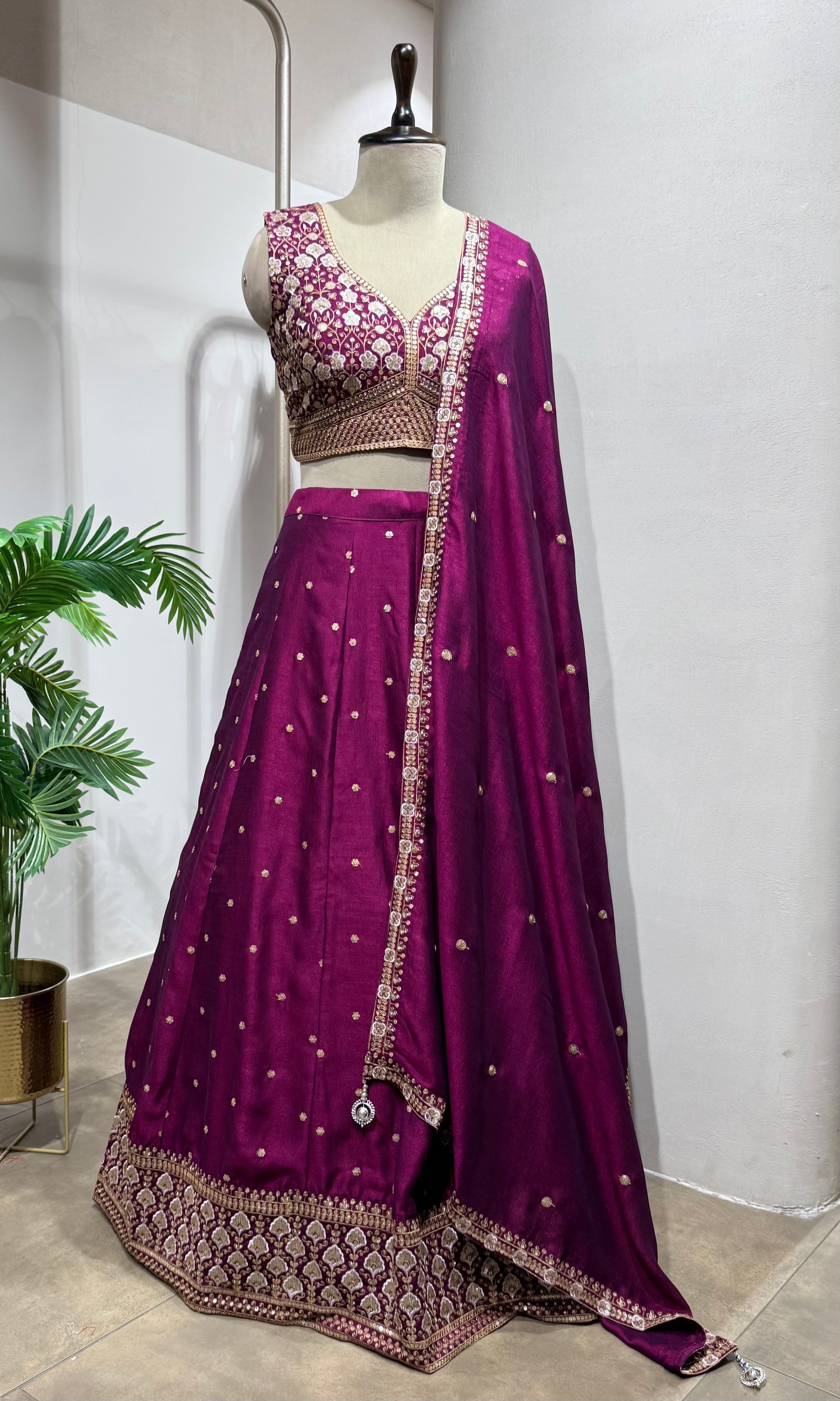 Wine Floral intricate Embroidery Lehenga