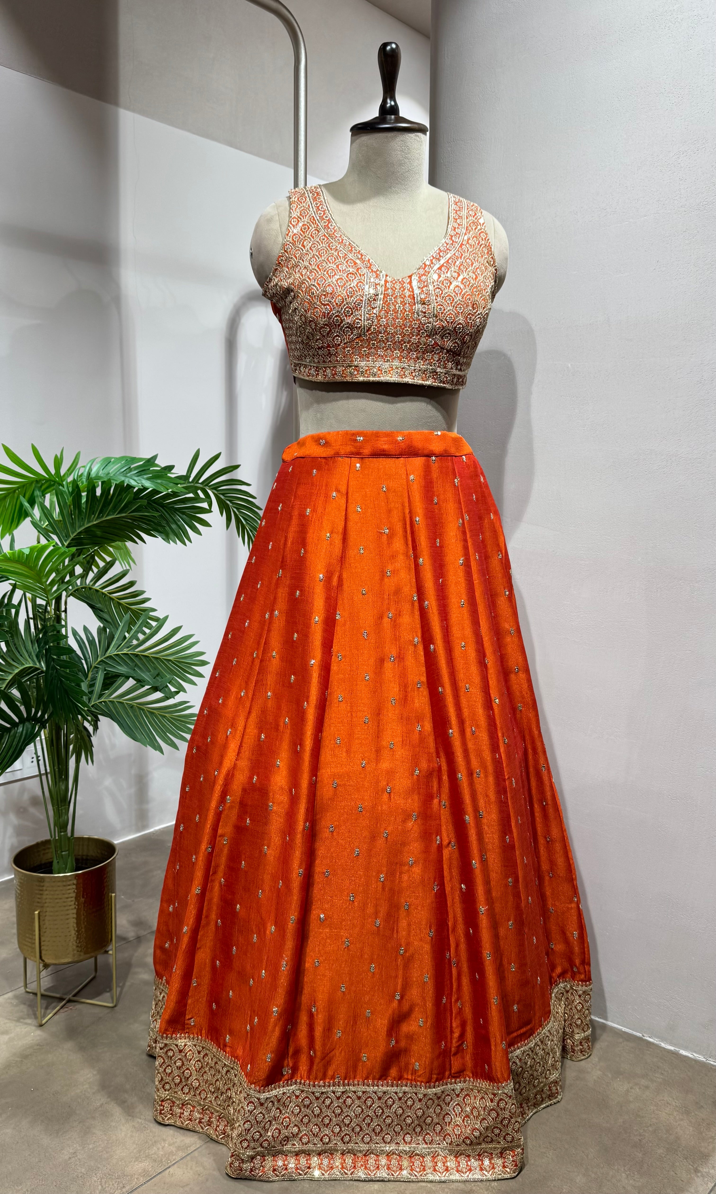 orange embroidered silk lehenga choli set