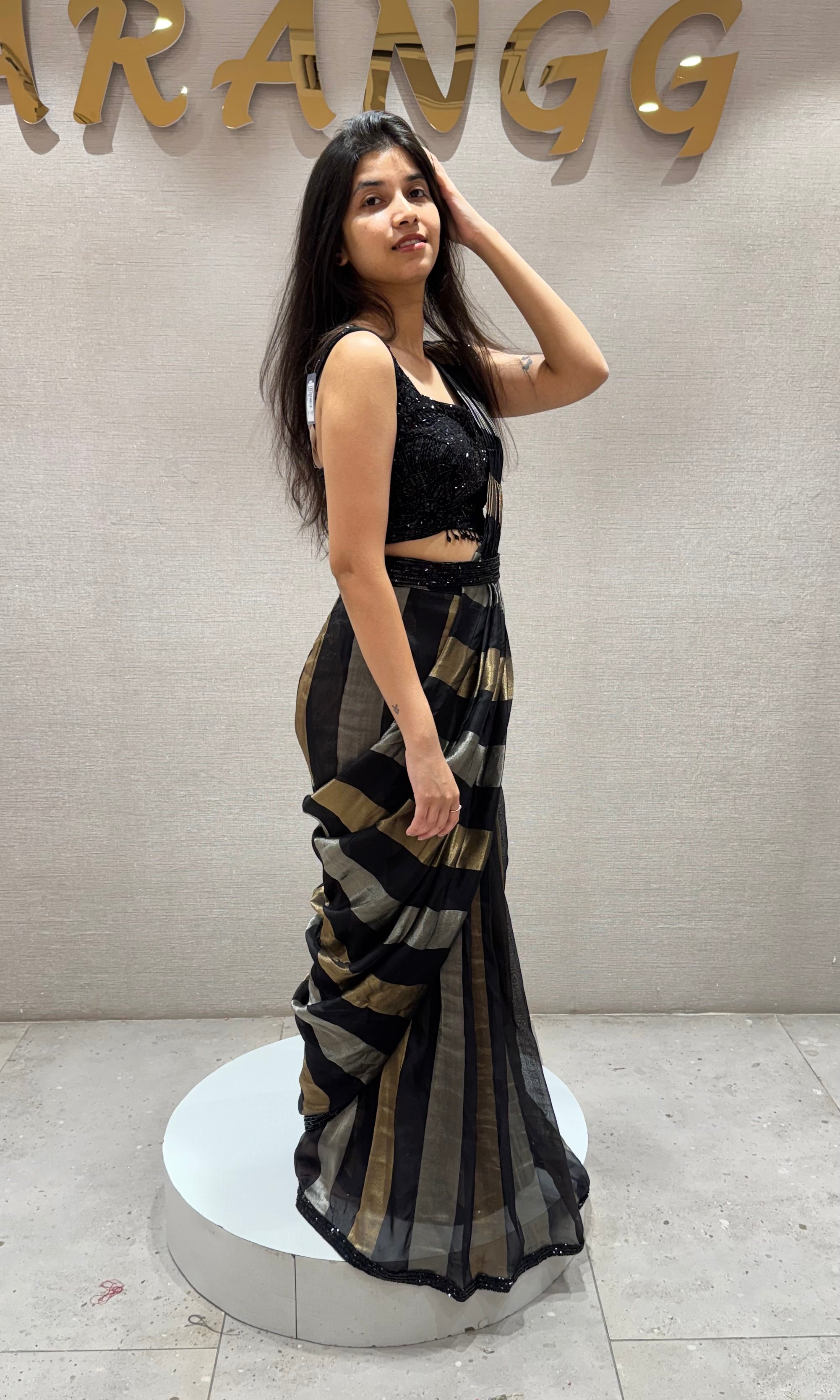 Black Tissue Drape Saree With Belt