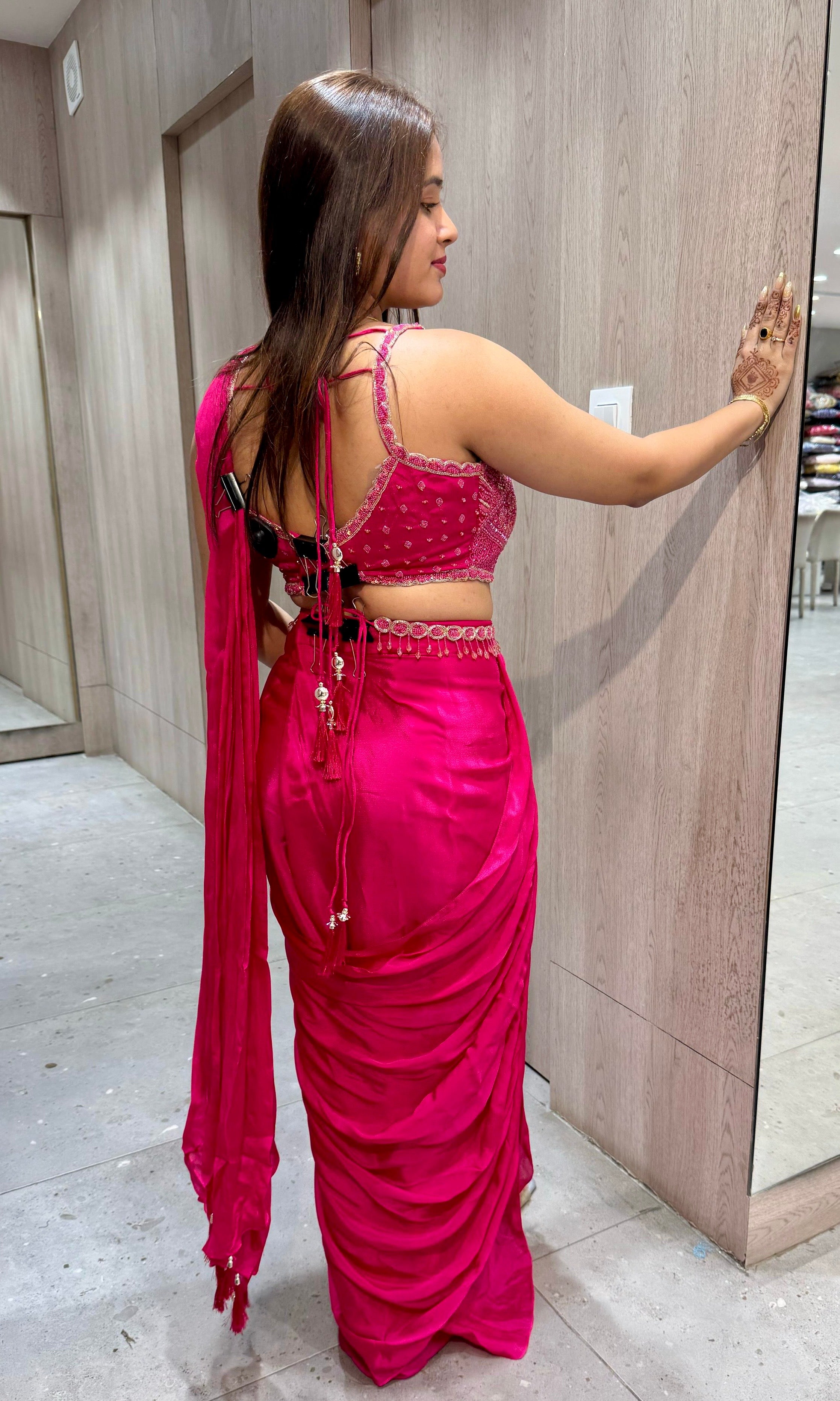 Pink Ruffle Draped Saree with Embellished Blouse