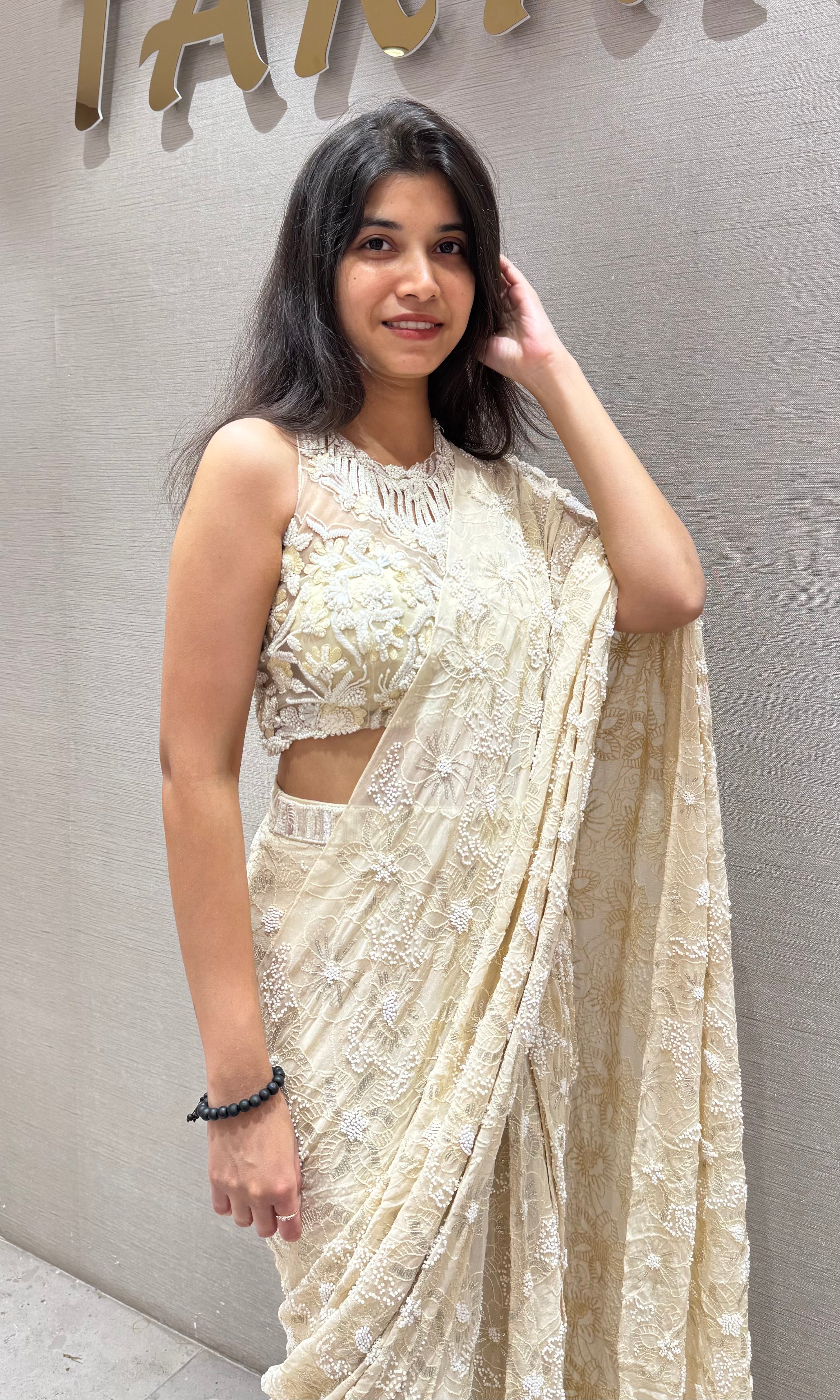 Fawn FLORAL DRAPE SAREE WITH HALTER BLOUSE