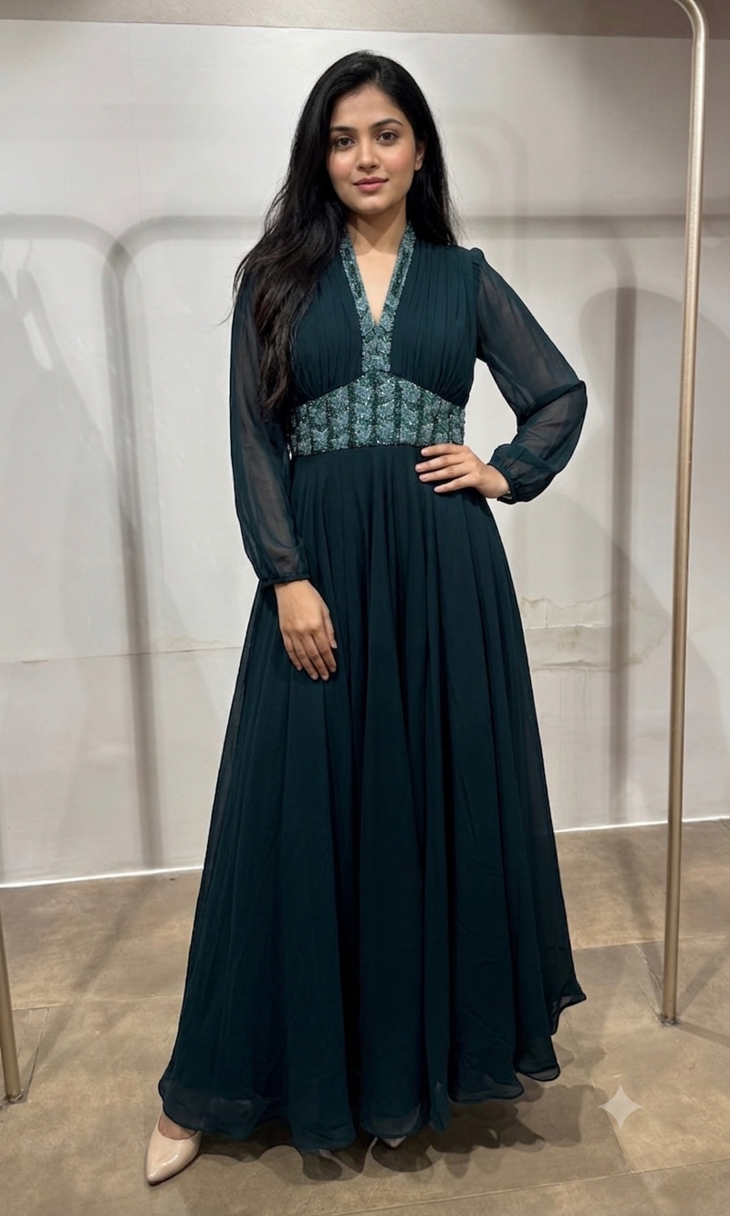 GREEN Georgette Gown with Silver Embroidery