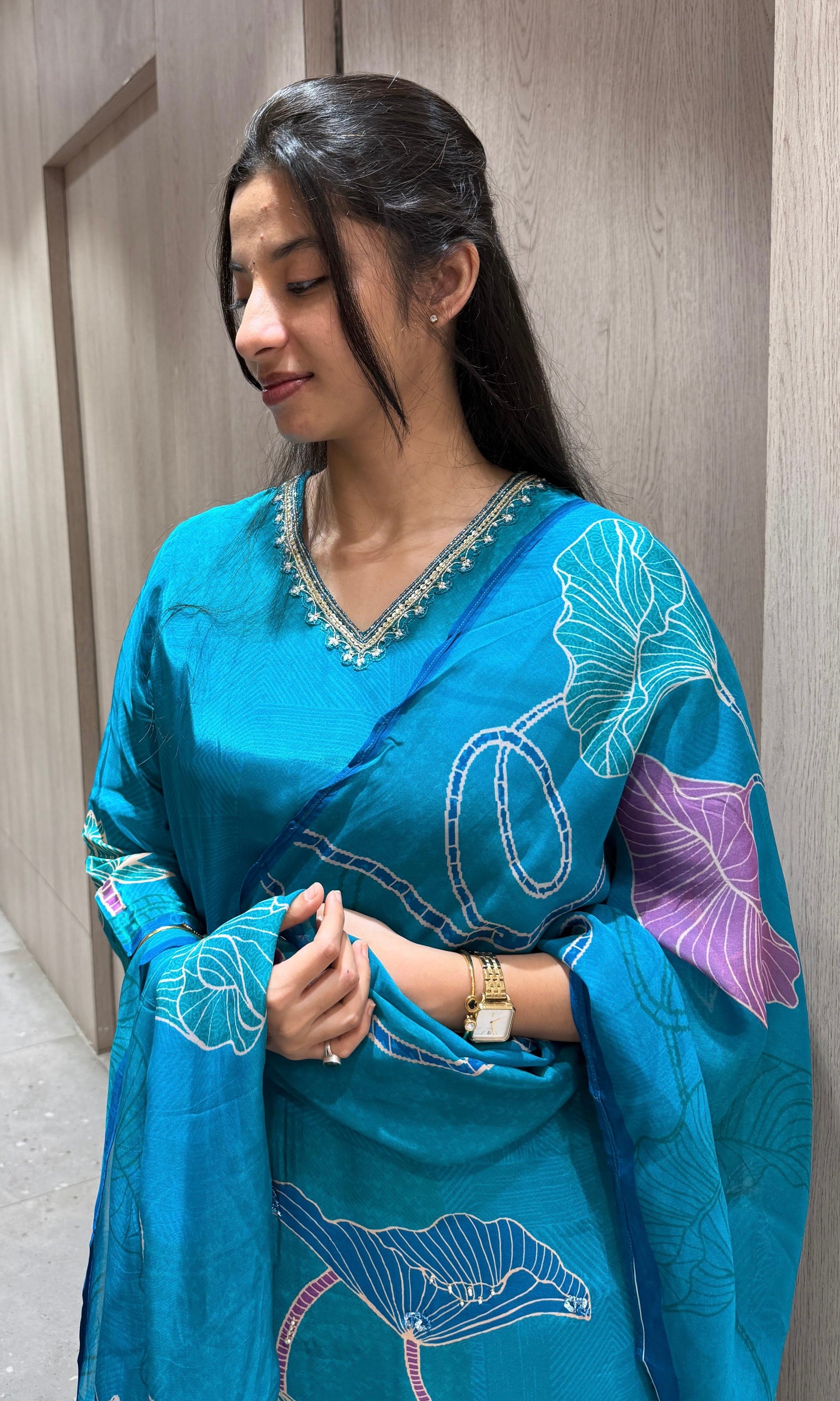 light blue floral print kurta set