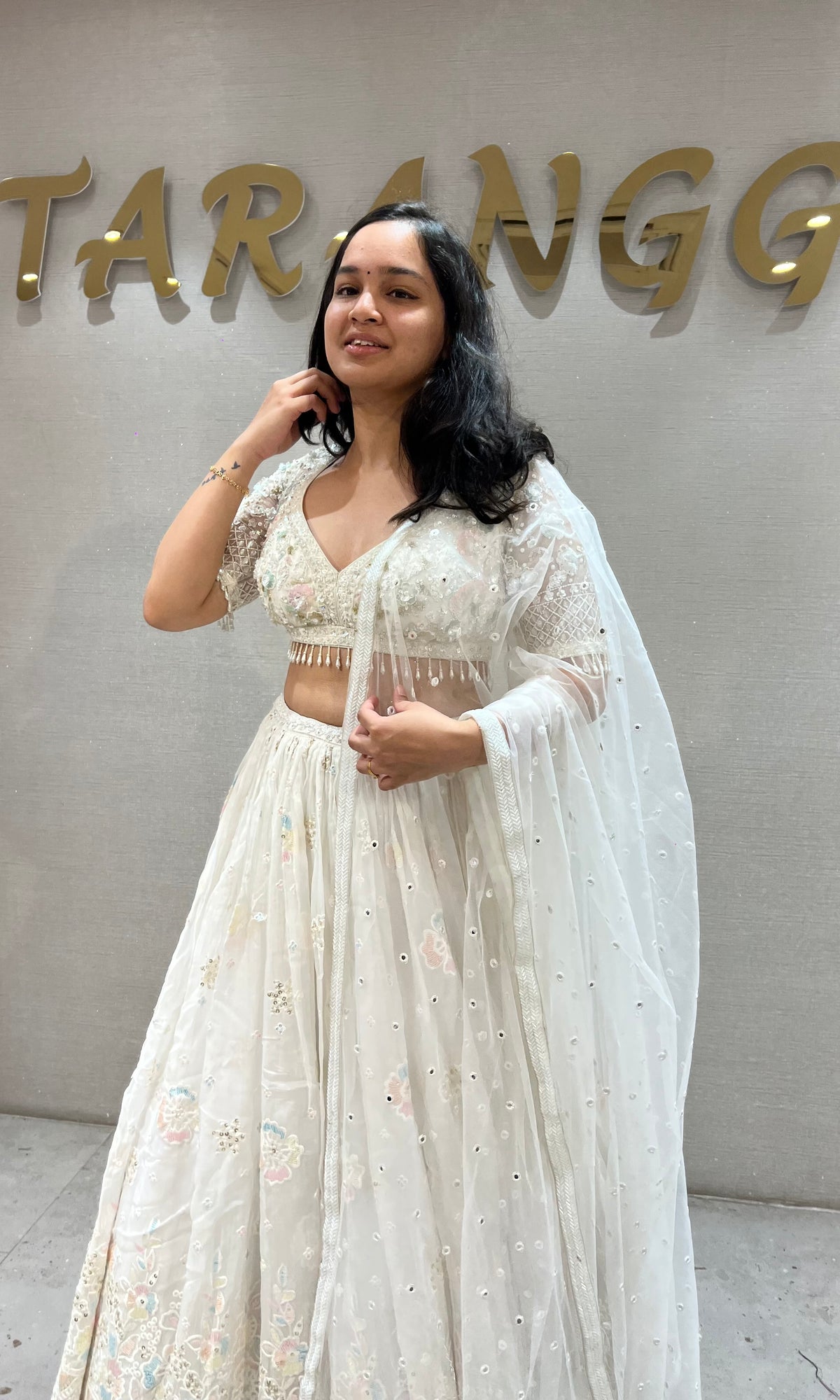 Cream Chikankari Lehenga Set with net dupatta