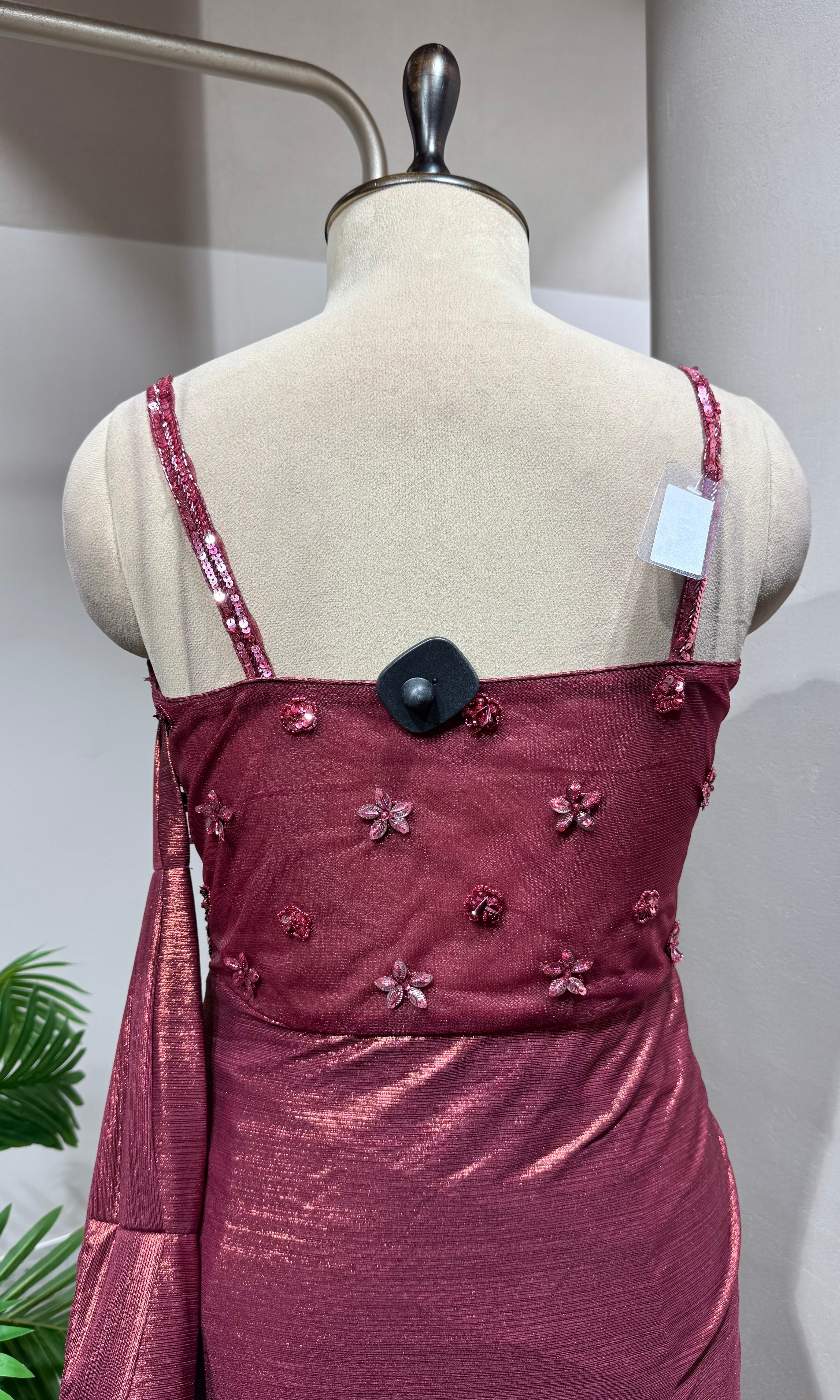 Maroon Draped Saree Embellished Gown