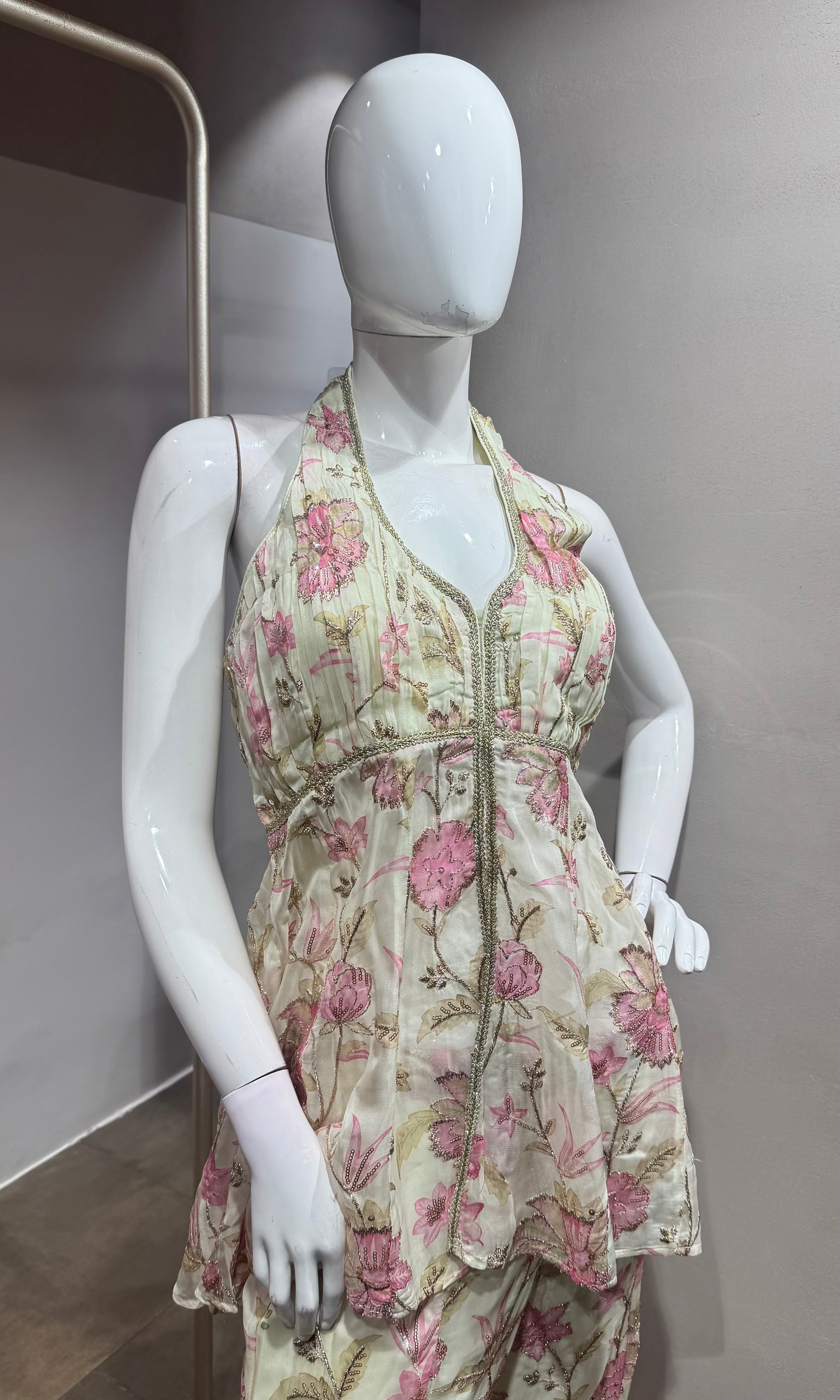 Ivory Floral Halter Peplum palazzo Set
