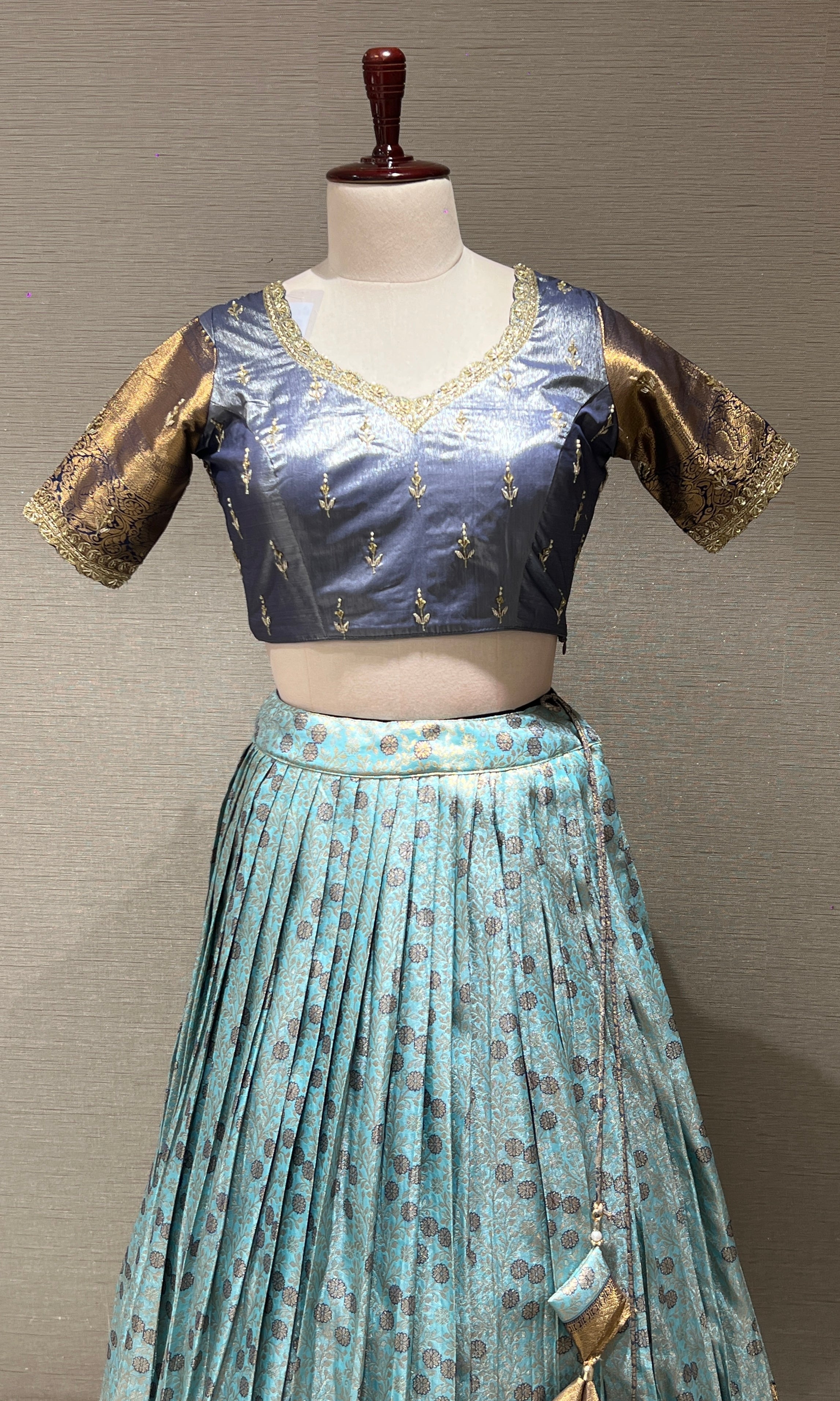 SEA BLUE Lehenga with AQUA Floral Weave