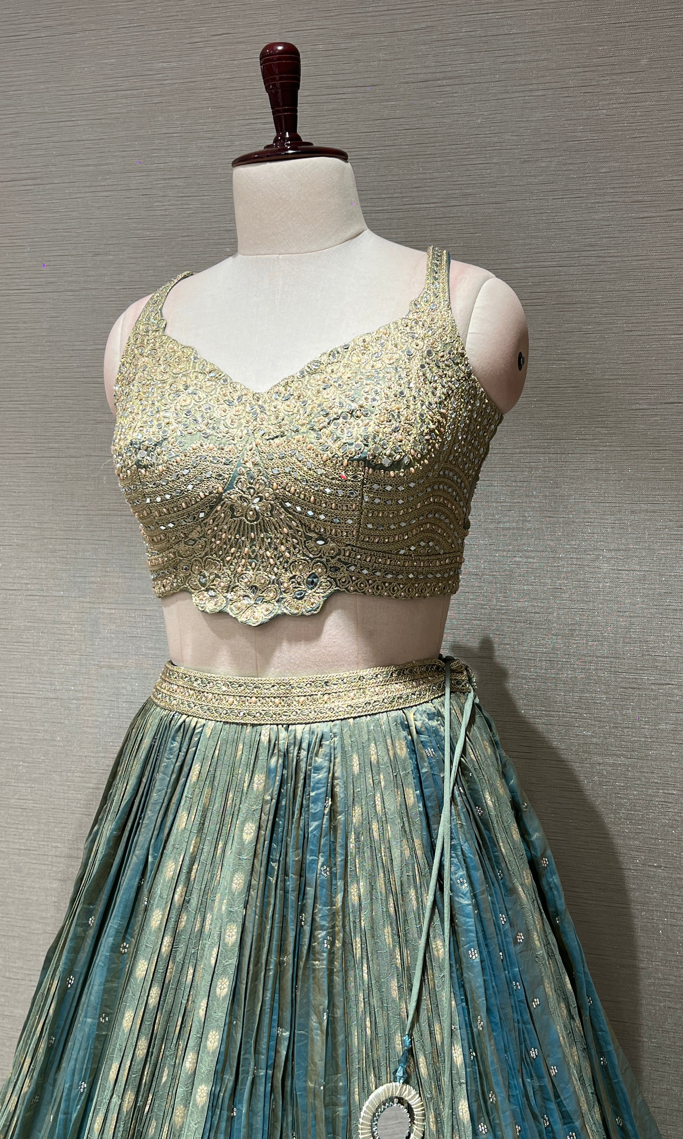 GREEN SILK GOLDEN EMBROIDERED LEHENGA