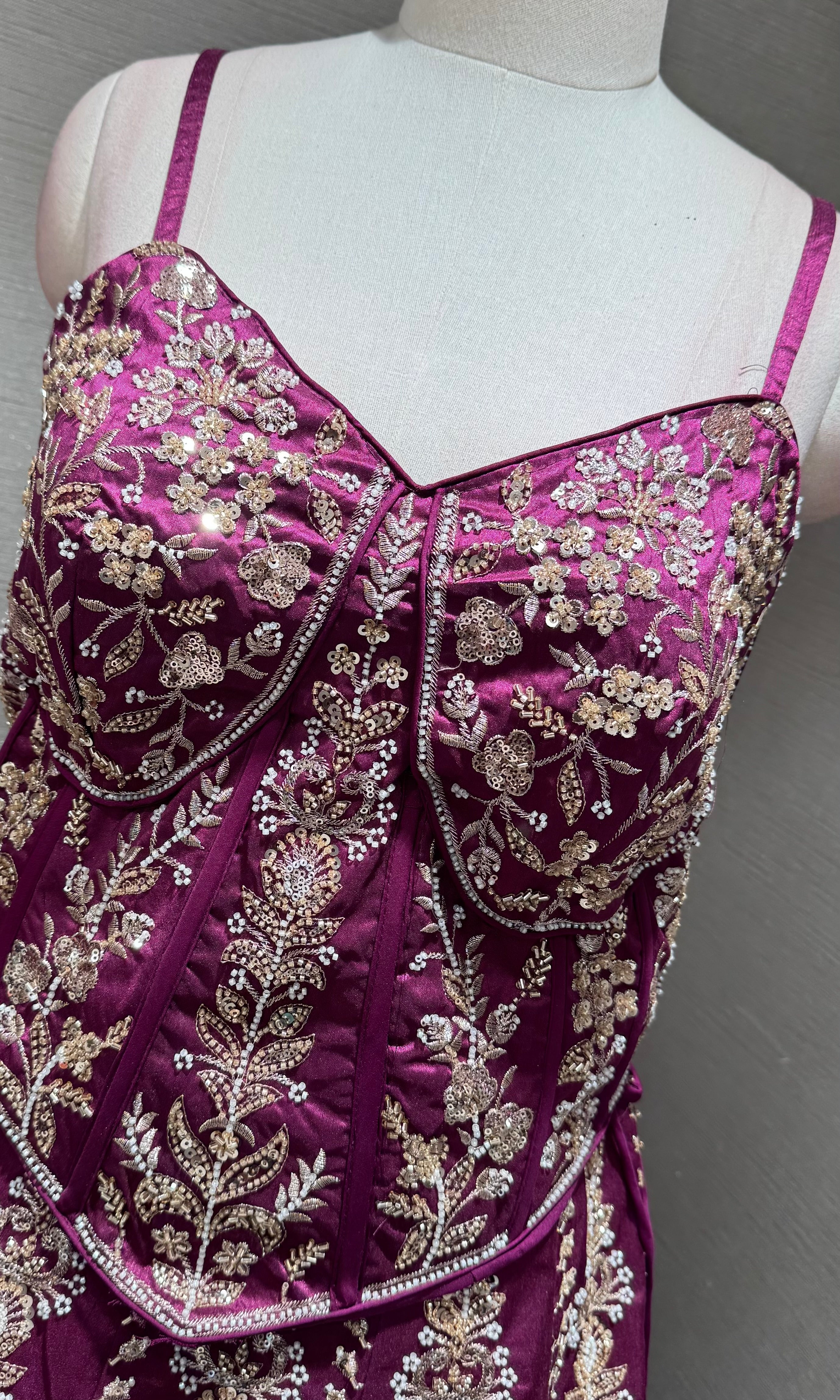 Wine embroidered peplum crop top lehenga set