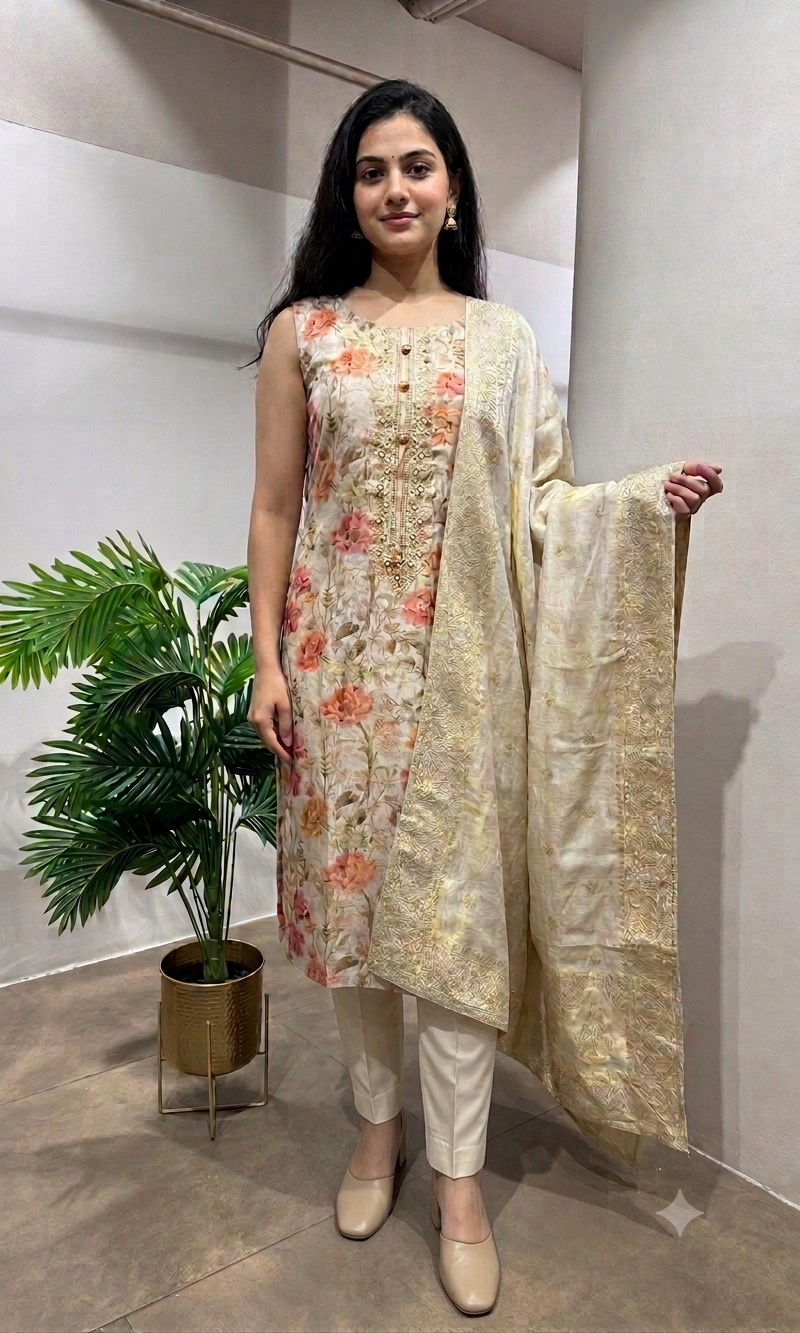 CREAM BANARASI SILK DRESS MATERIAL