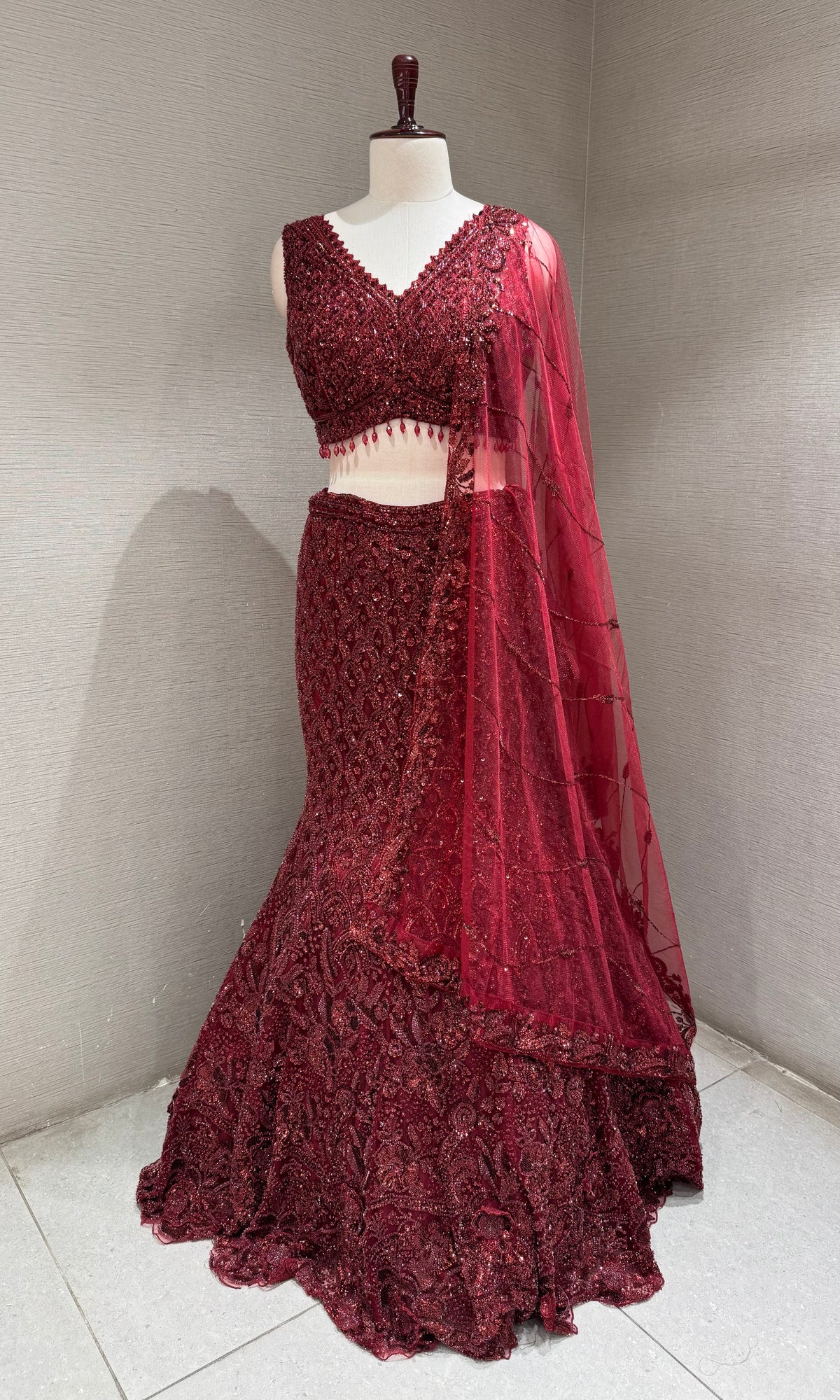 Wine Embroidered fish cut Lehenga Set with Sheer Dupatta