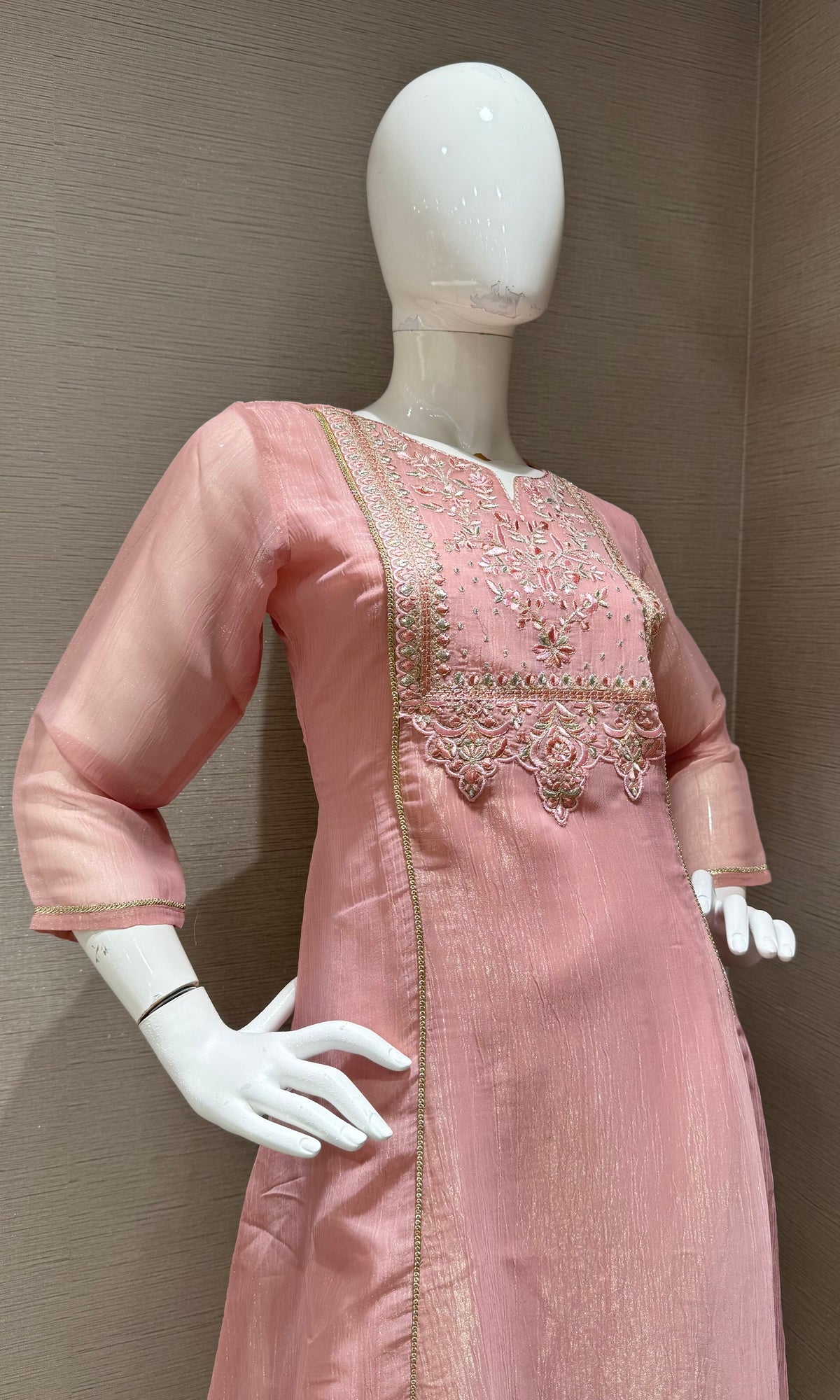 Onion Pink A Line Kurta top with Silver Embroidery