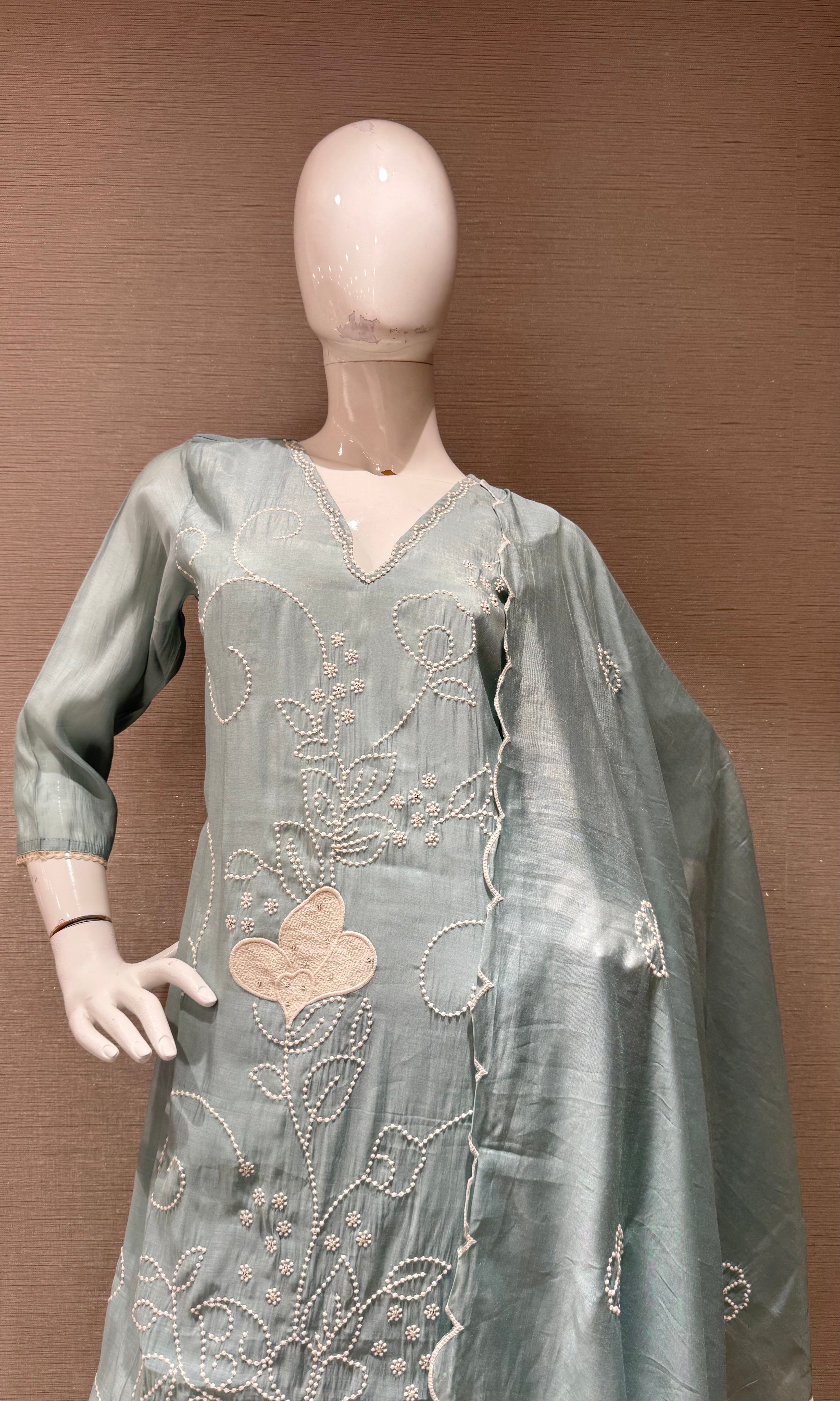 Sky Blue Cotton silk Floral Kurta set with dupatta