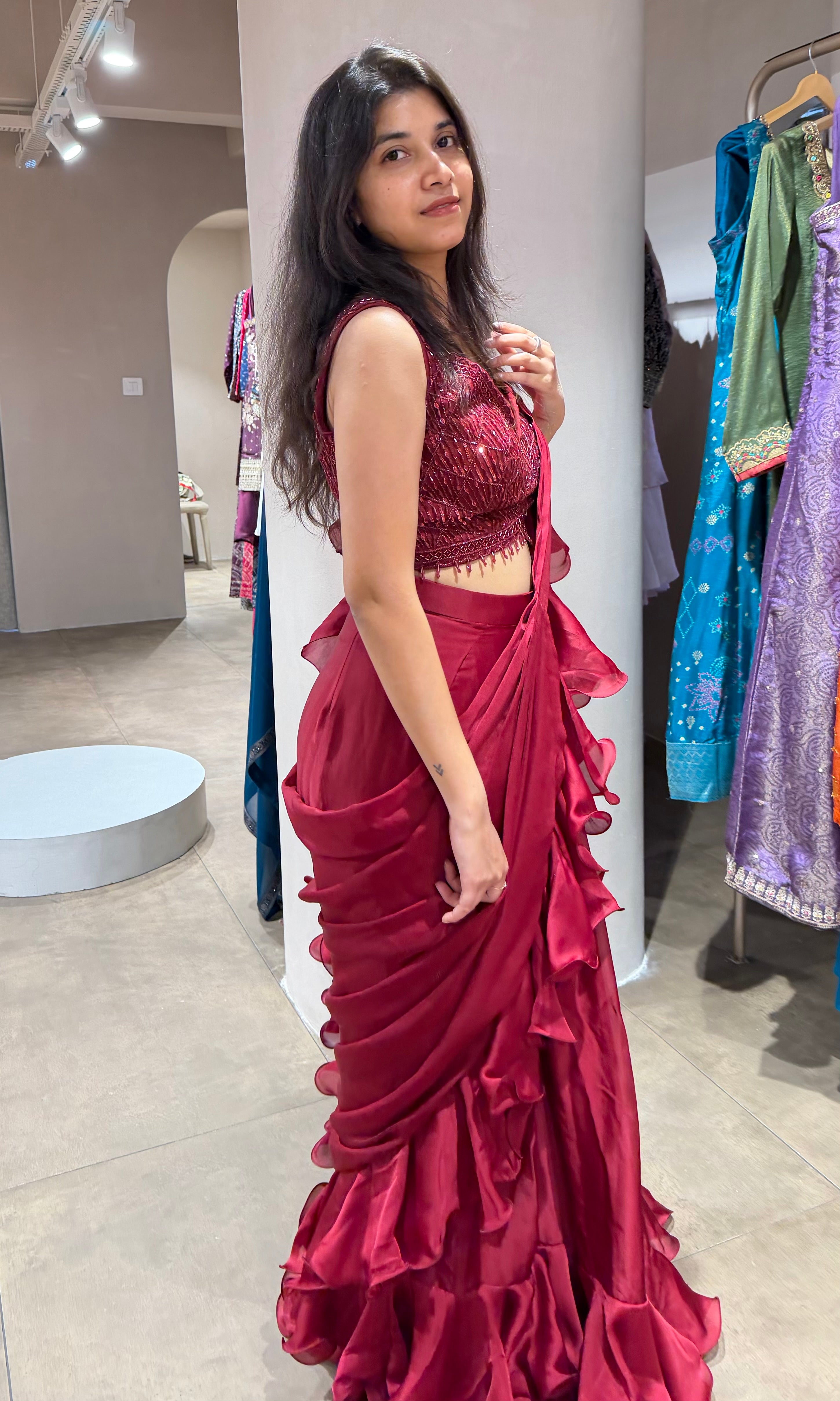 Maroon EMBELLISHED RUFFLE drape saree