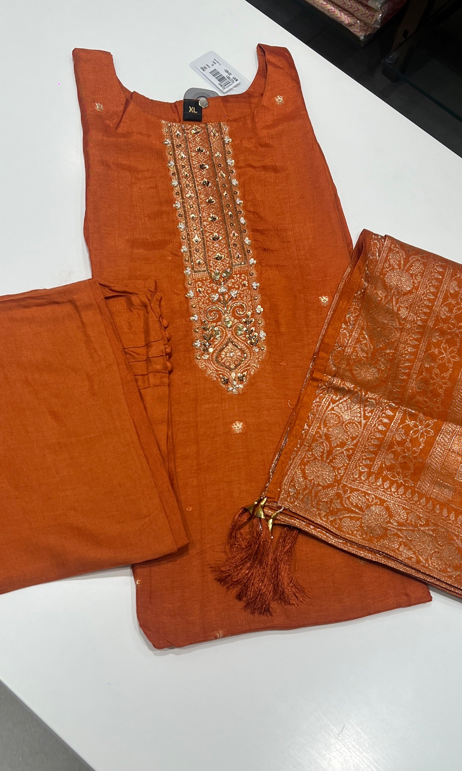 Orange kurta set with Banarasi Dupatta