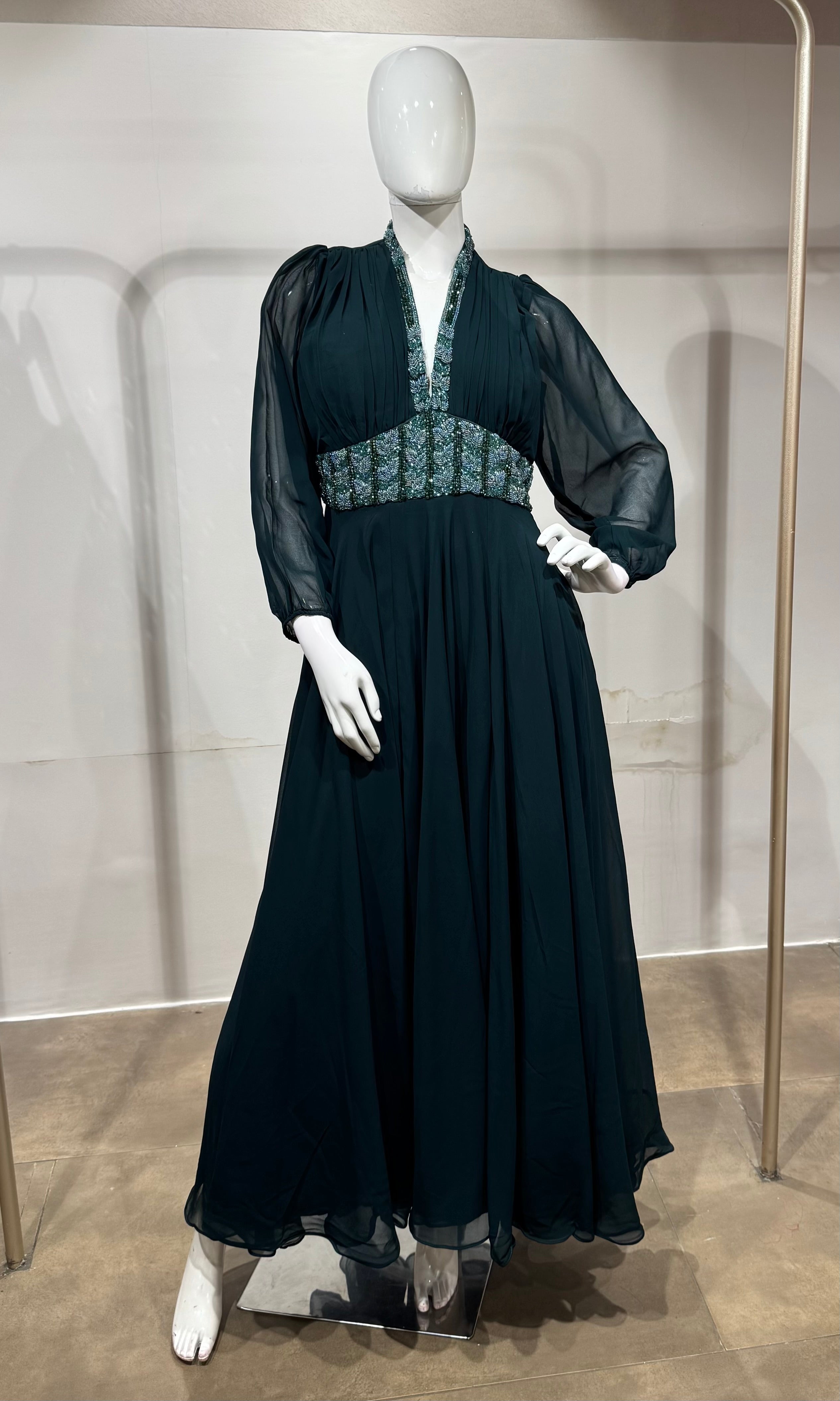 GREEN Georgette Gown with Silver Embroidery