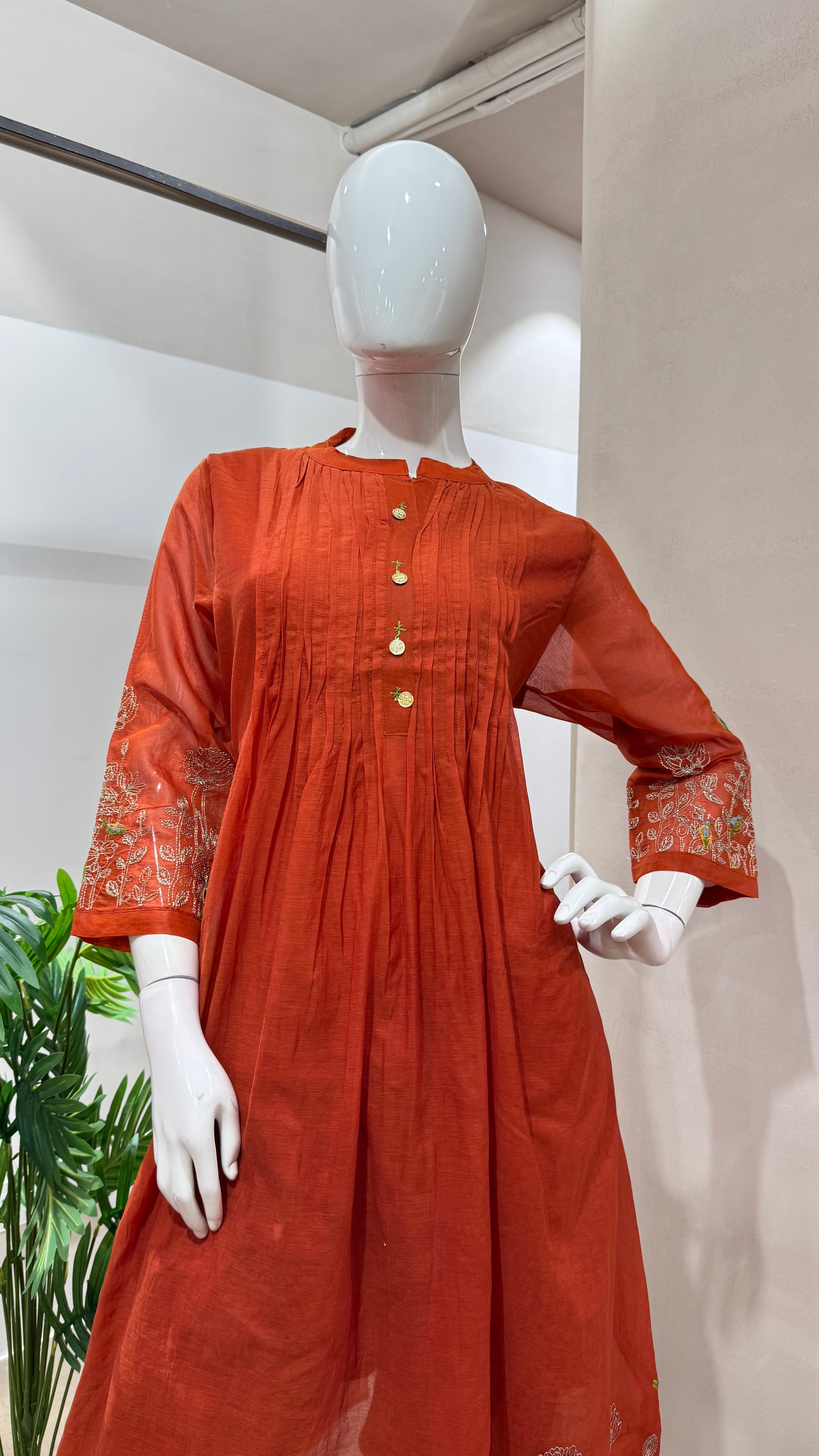 RUST floral mul chanderi embroidery set