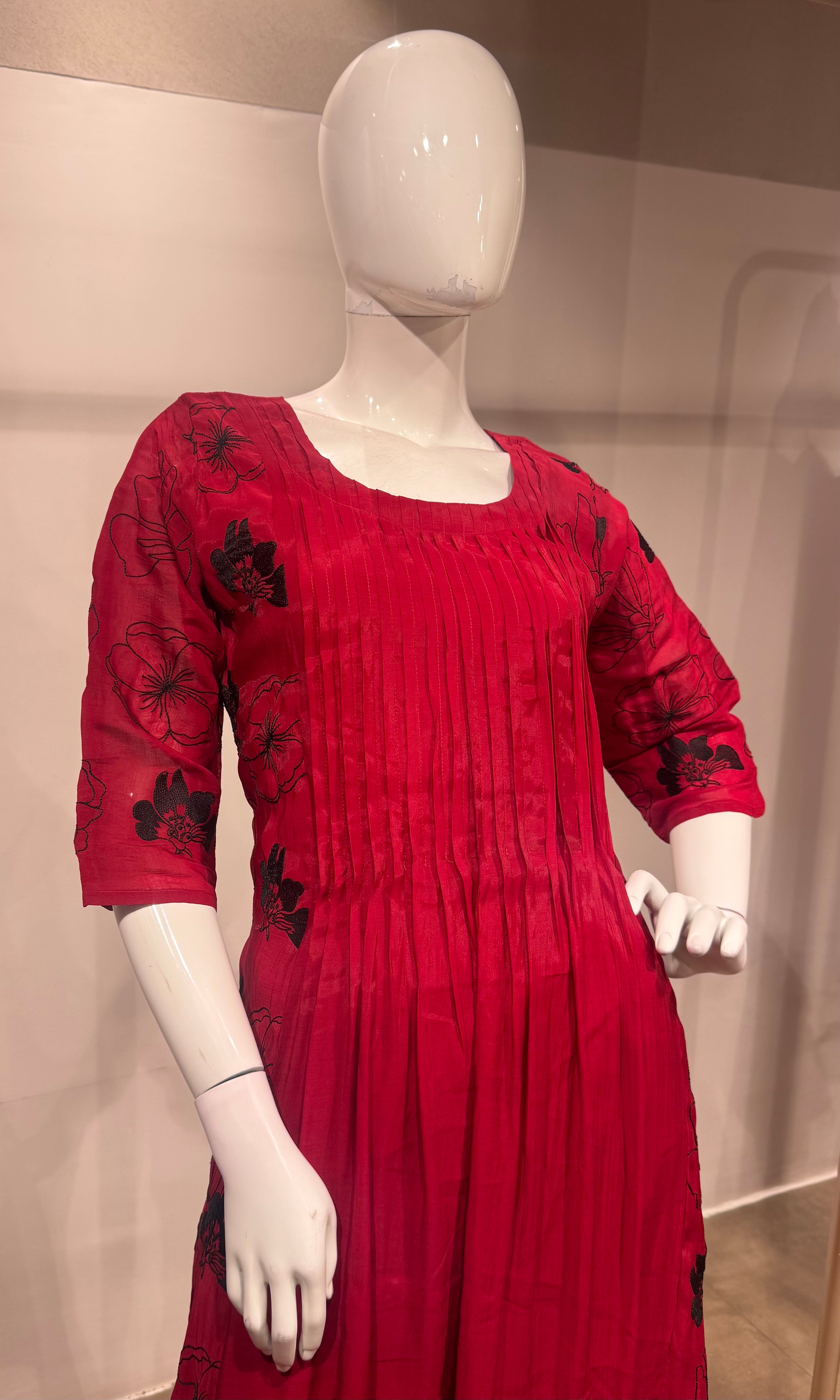 Rani Floral Mul chanderi Kurta Set with Dupatta