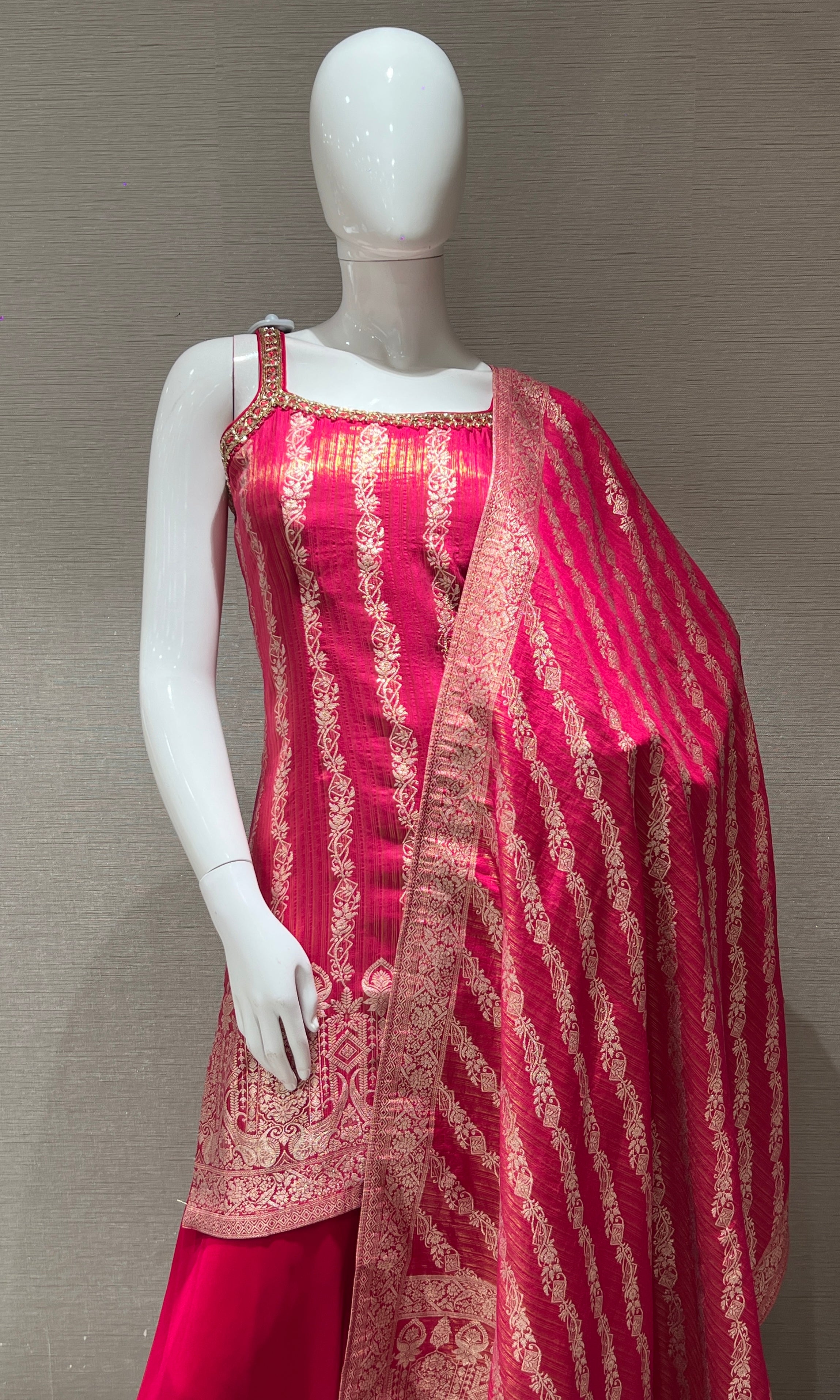 Rani pink with gold Embroidered Sharara Set