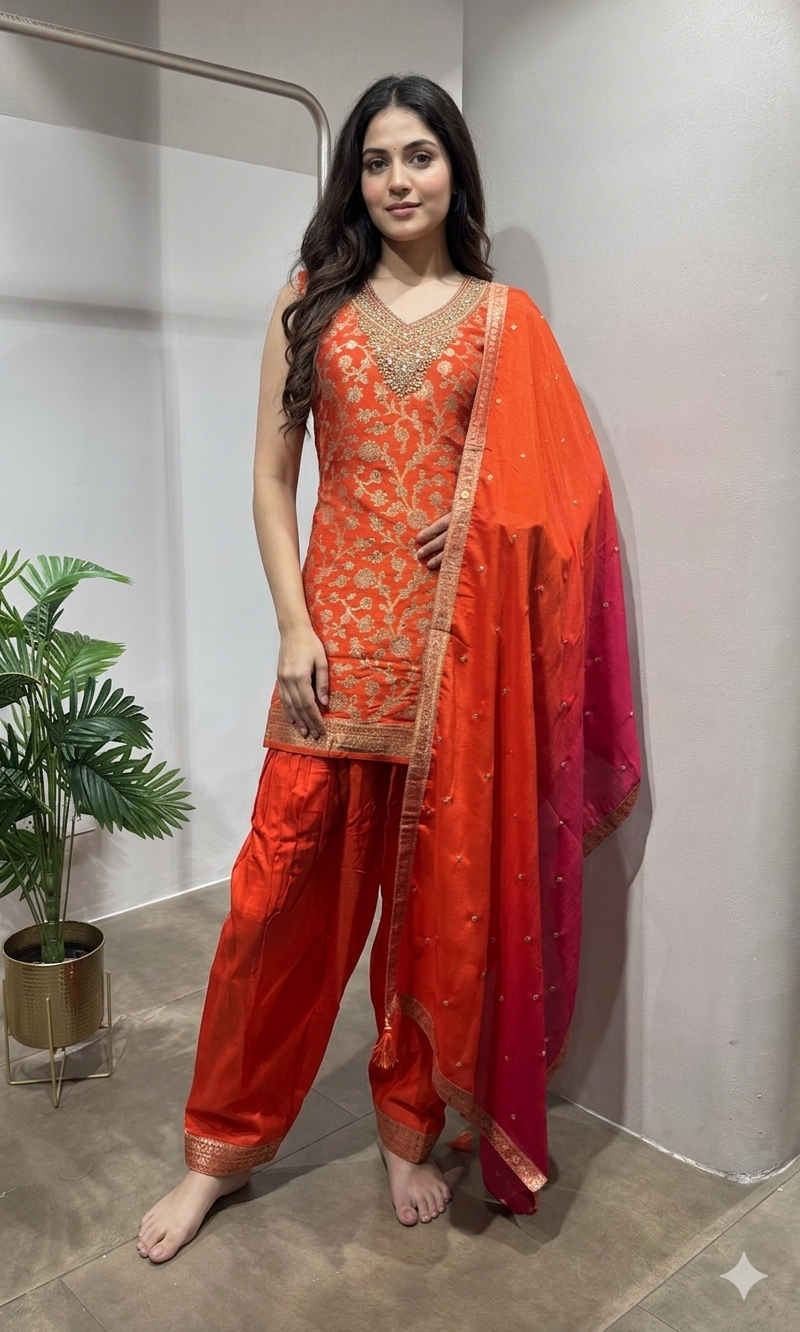 Orange farshi salwar with dual tone dupatta
