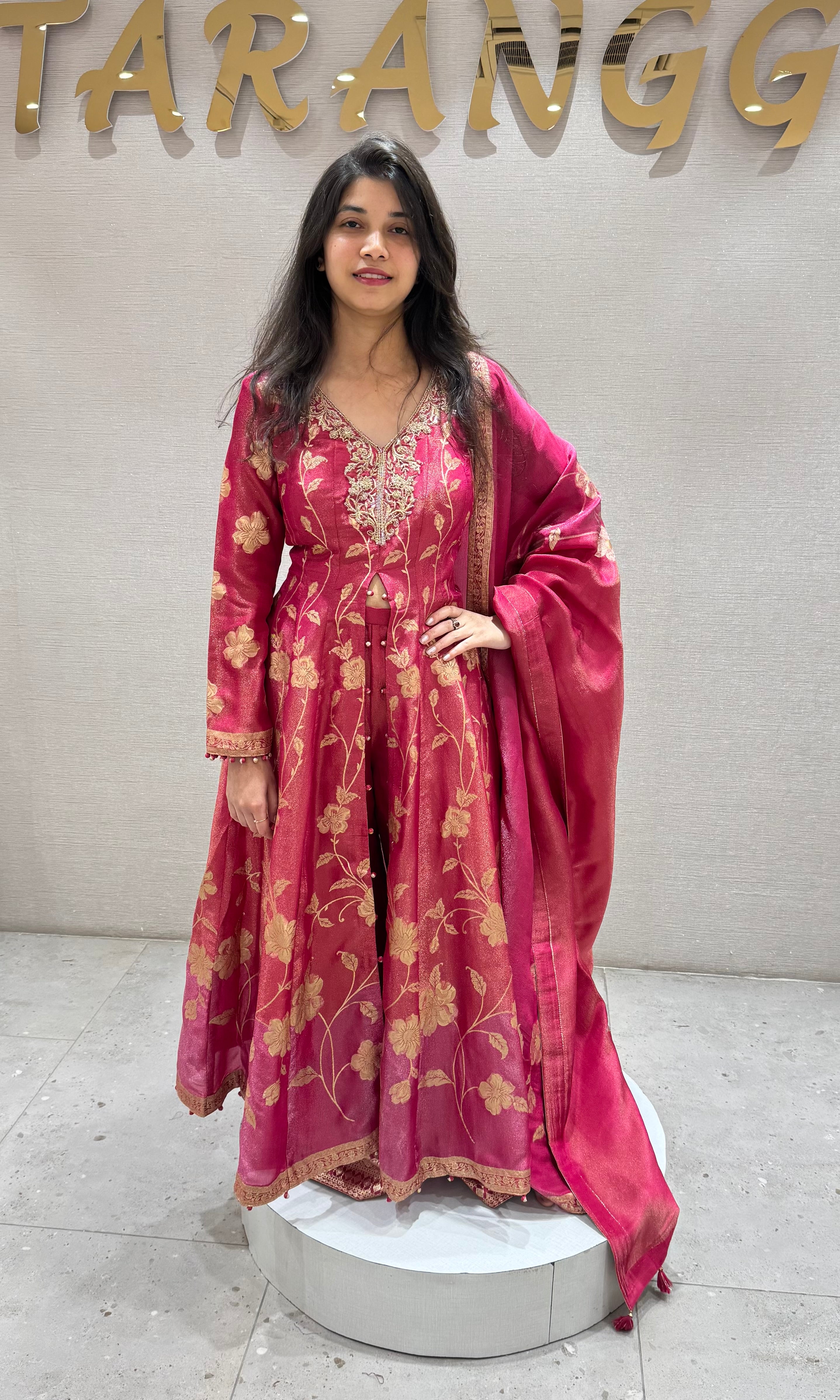 Pink GOLDEN FLORAL EMBROIDERY ANARKALI SET