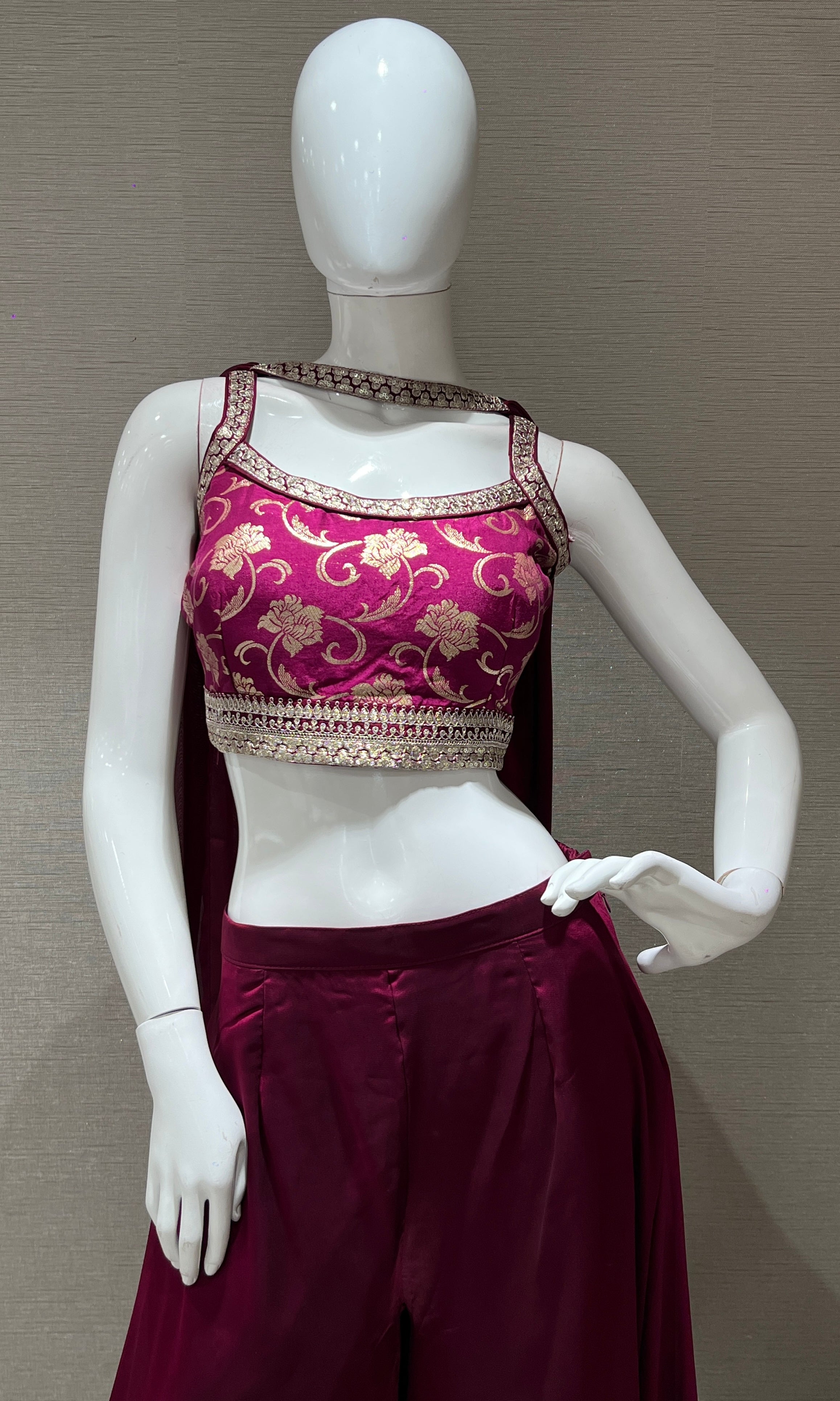 wine Embellished Blouse with Flowy Palazzo