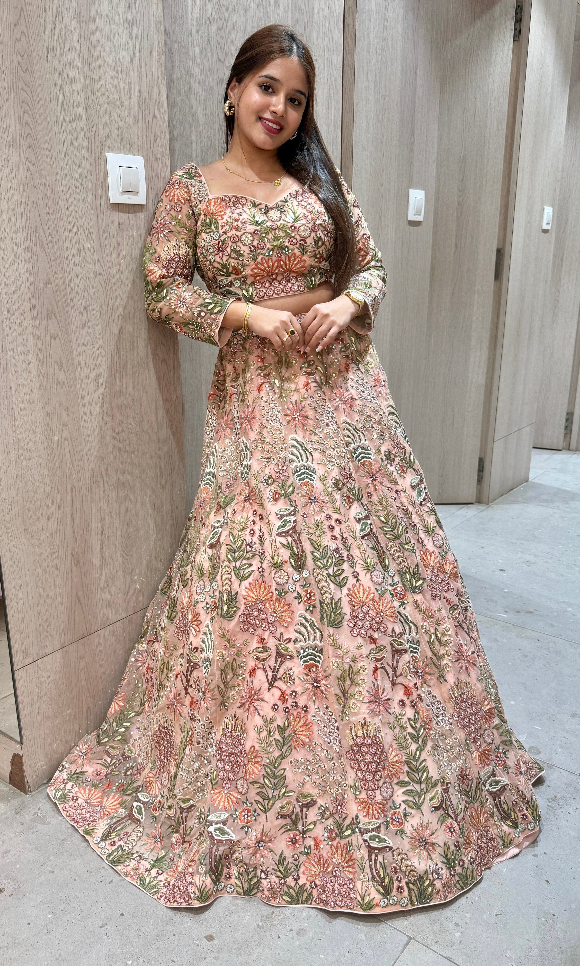 Peach Resham Multi-Thread & Floral Embroidery Lehenga Set