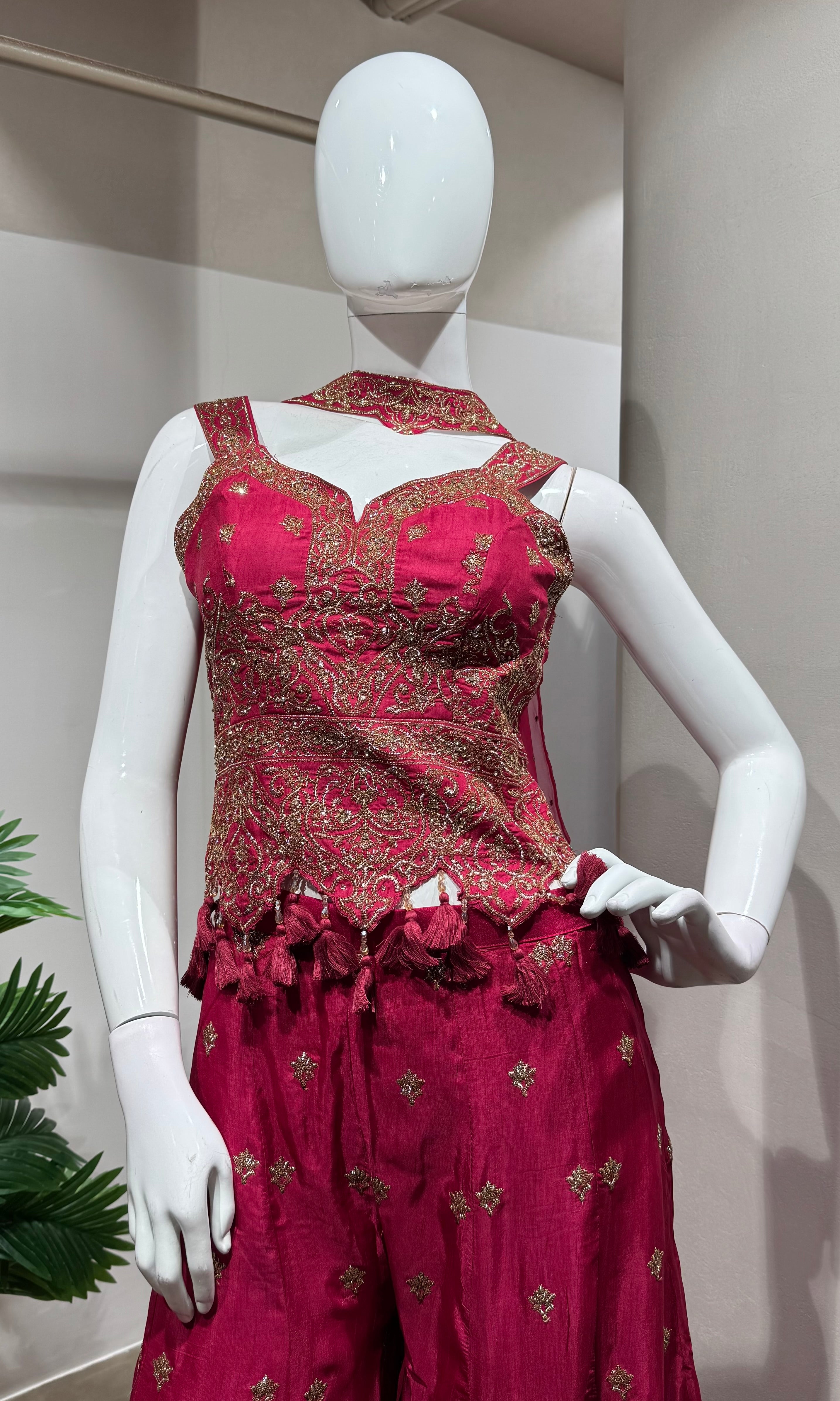Pink Embroidered Peplum & Palazzo Ensemble