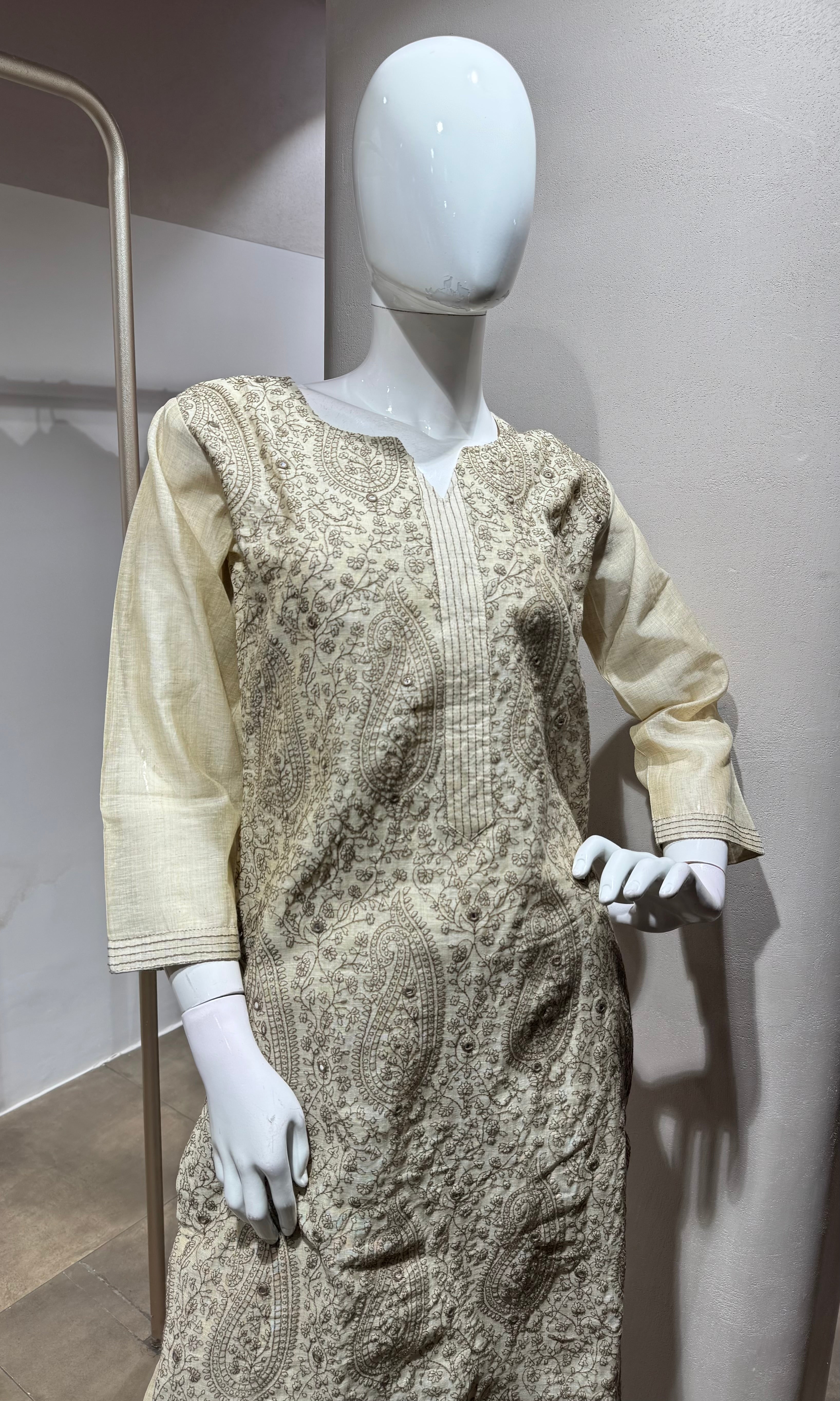 Beige Embroidered Kurta Set with Contrasting Dupatta