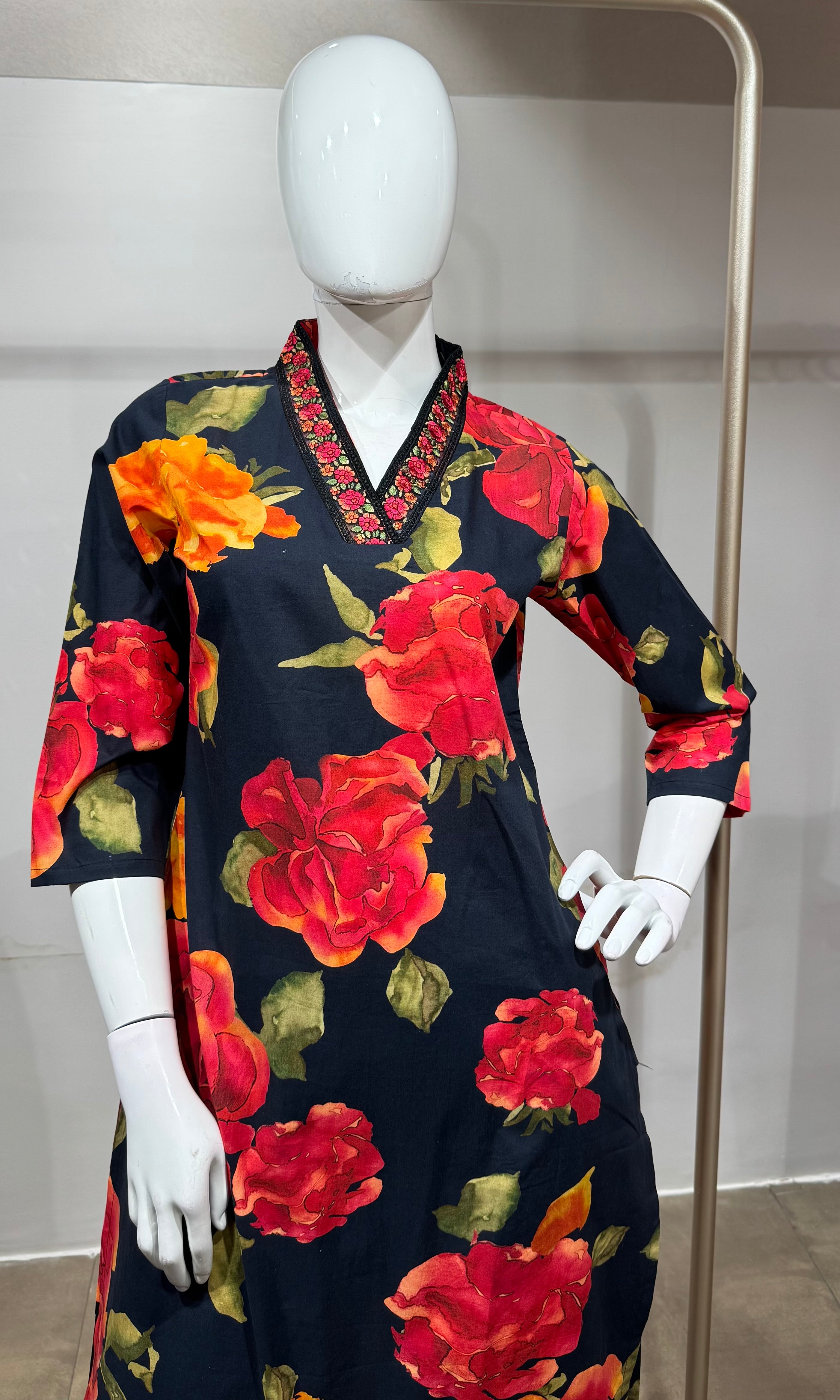 black red and orange floral prints Kurta set