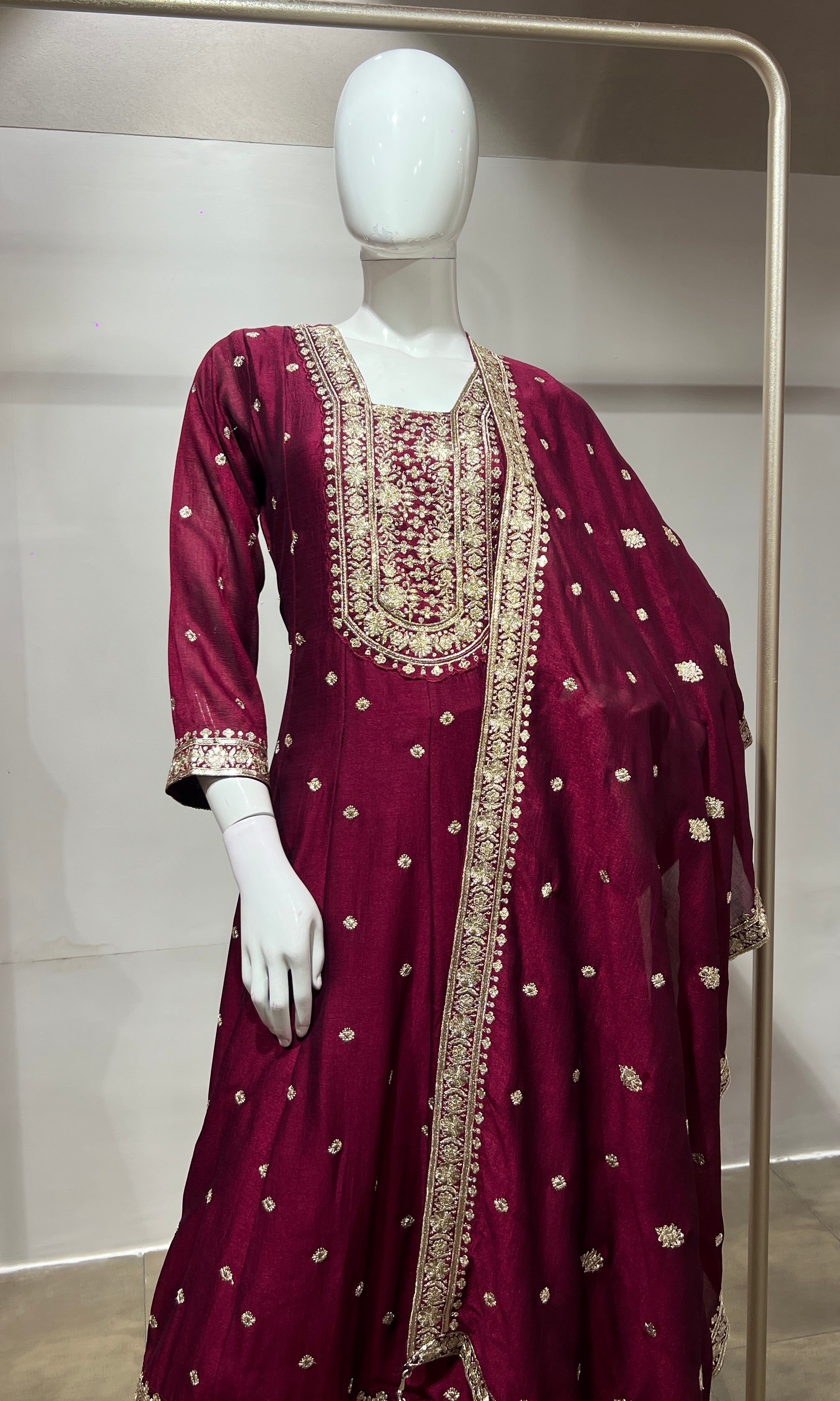 Wine gold embroidered Anarkali set