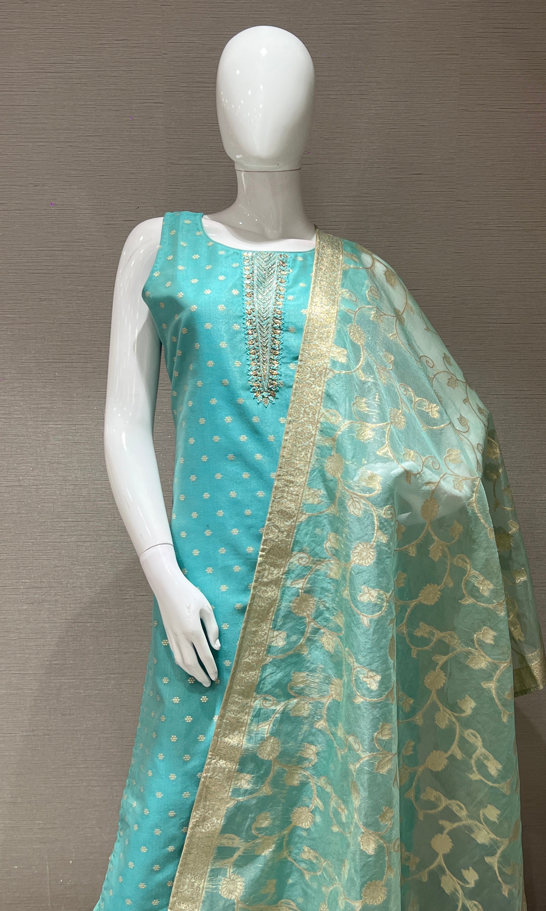 Sea green kurta set with floral print dupatta