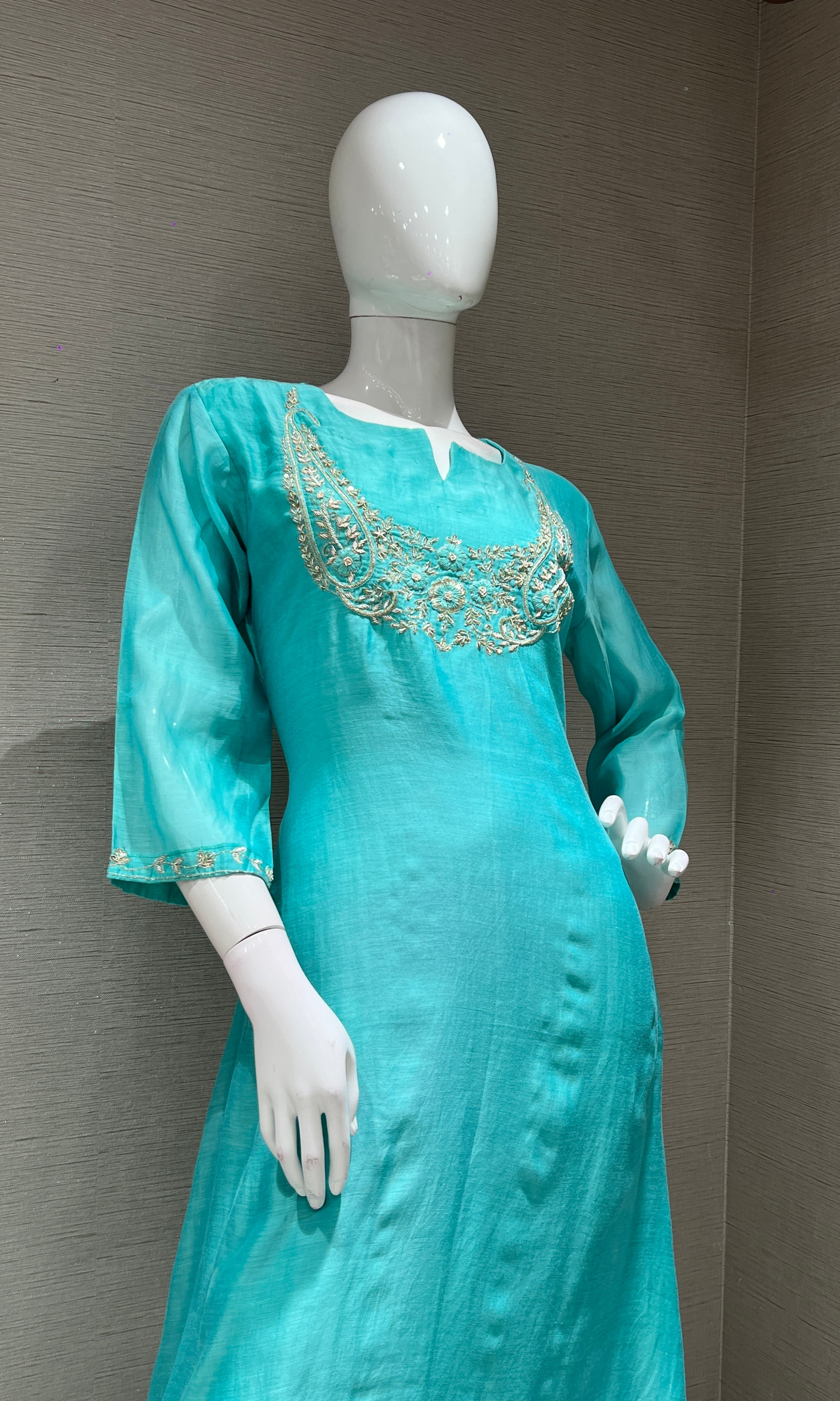 Sea green MUL CHANDERI KURTA SET