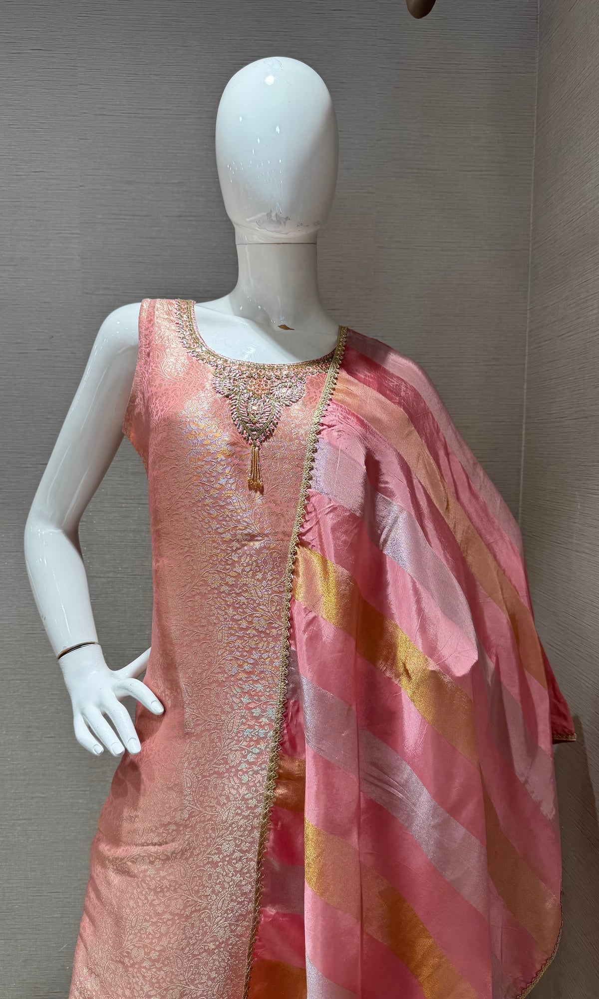 Light Pink Tissue silk Kurta Set with Striped Dupatta