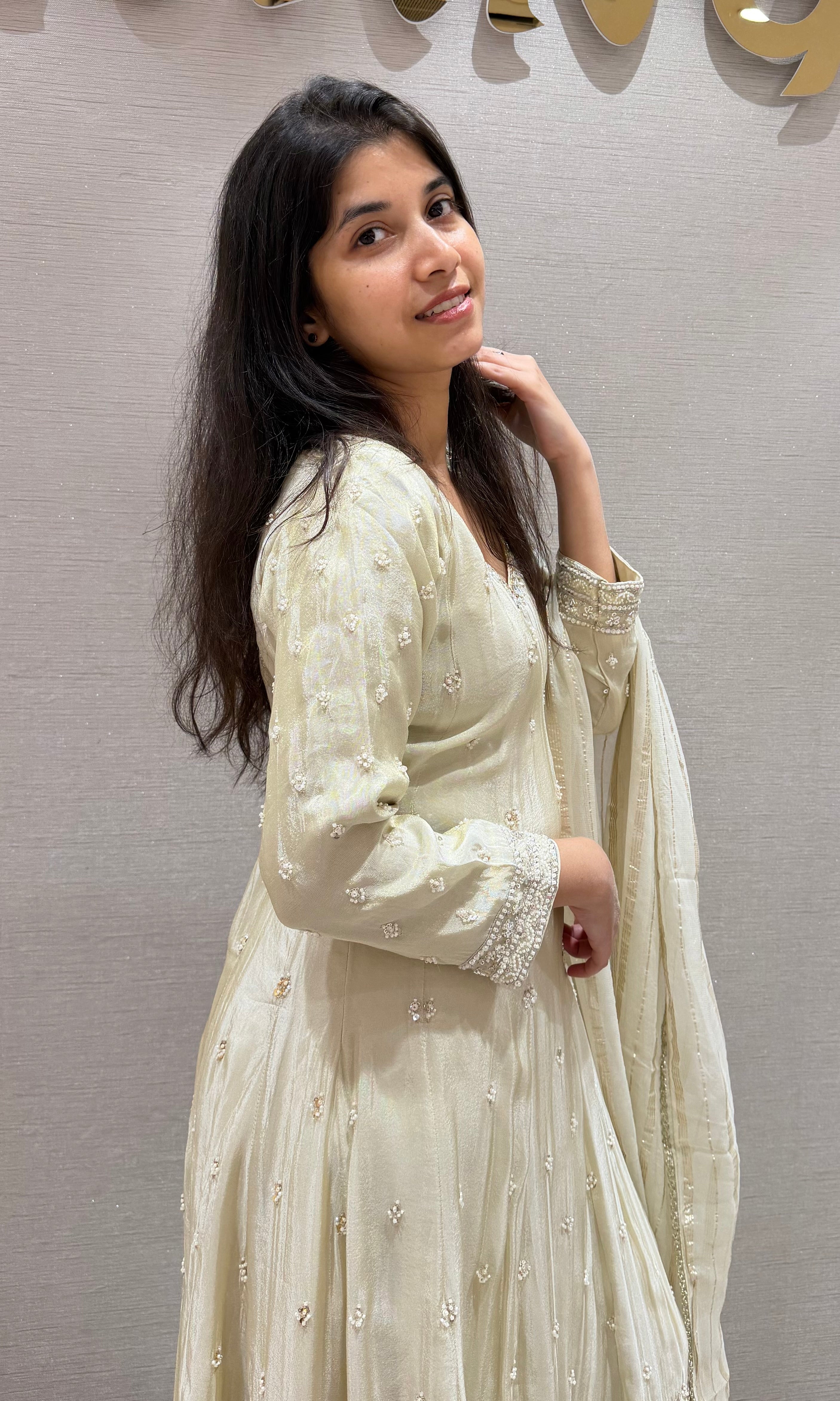 Half white FLORAL EMBROIDERED ANARKALI