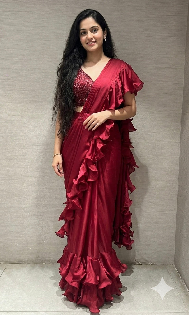 MAROON RUFFLE SATIN DRAPE SAREE