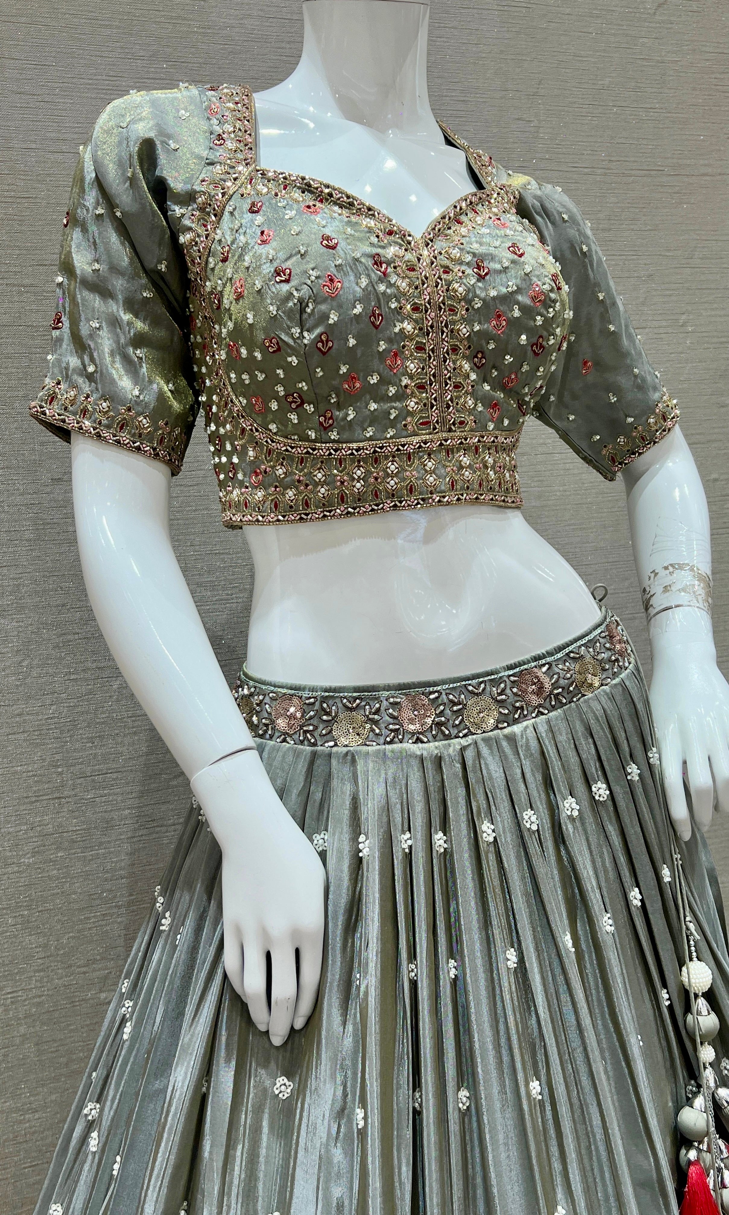 Smokey Grey Lehenga with Floral Crystal Embroidery and Sequin Highlights