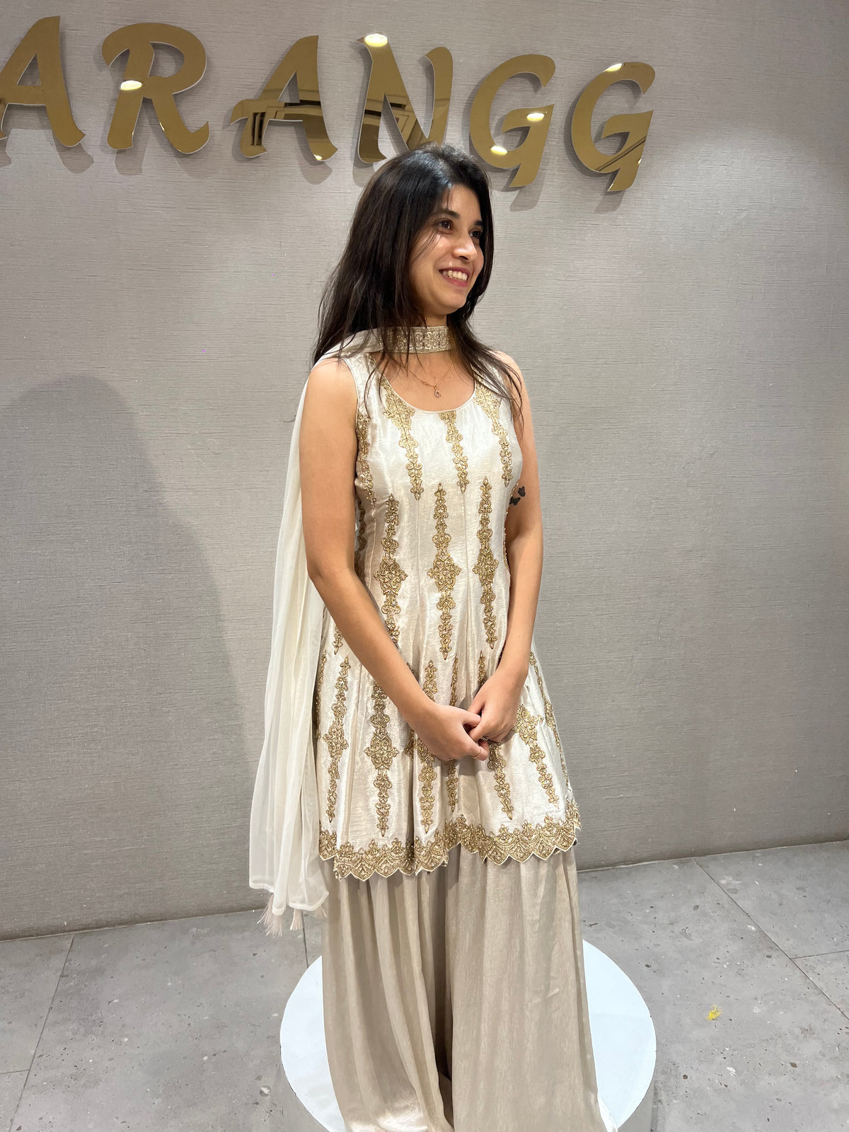 Cream and Gold Satin Embroidered Palazzo Set